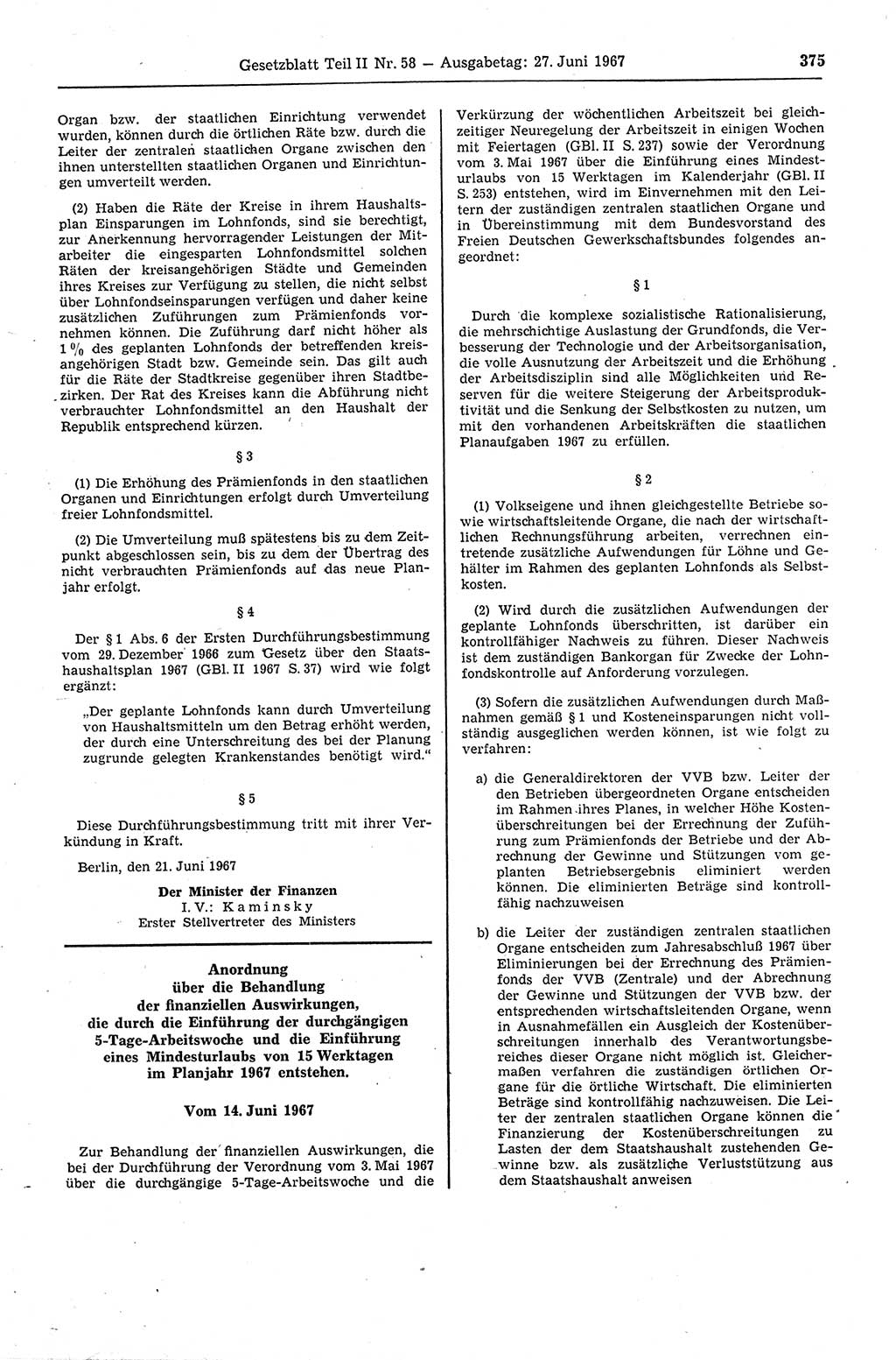 Gesetzblatt (GBl.) der Deutschen Demokratischen Republik (DDR) Teil ⅠⅠ 1967, Seite 375 (GBl. DDR ⅠⅠ 1967, S. 375)