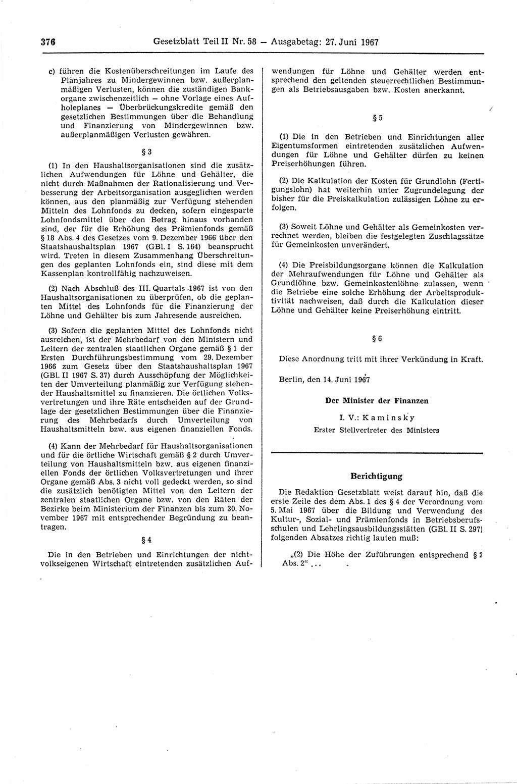 Gesetzblatt (GBl.) der Deutschen Demokratischen Republik (DDR) Teil ⅠⅠ 1967, Seite 376 (GBl. DDR ⅠⅠ 1967, S. 376)