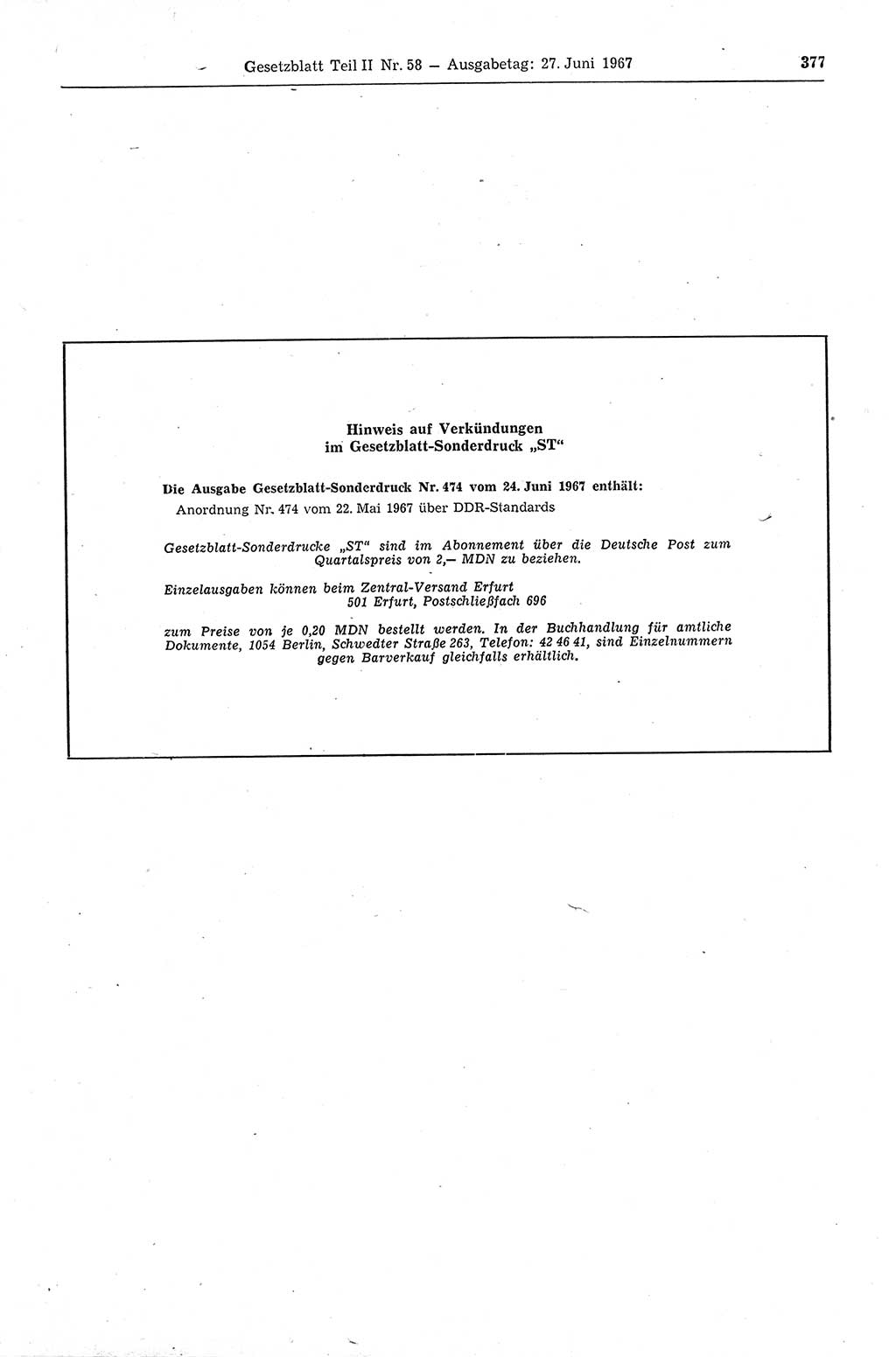 Gesetzblatt (GBl.) der Deutschen Demokratischen Republik (DDR) Teil ⅠⅠ 1967, Seite 377 (GBl. DDR ⅠⅠ 1967, S. 377)