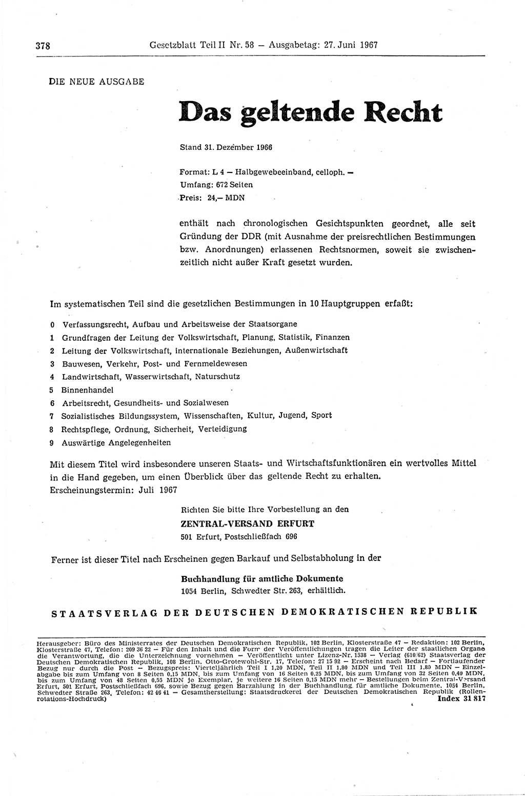 Gesetzblatt (GBl.) der Deutschen Demokratischen Republik (DDR) Teil ⅠⅠ 1967, Seite 378 (GBl. DDR ⅠⅠ 1967, S. 378)