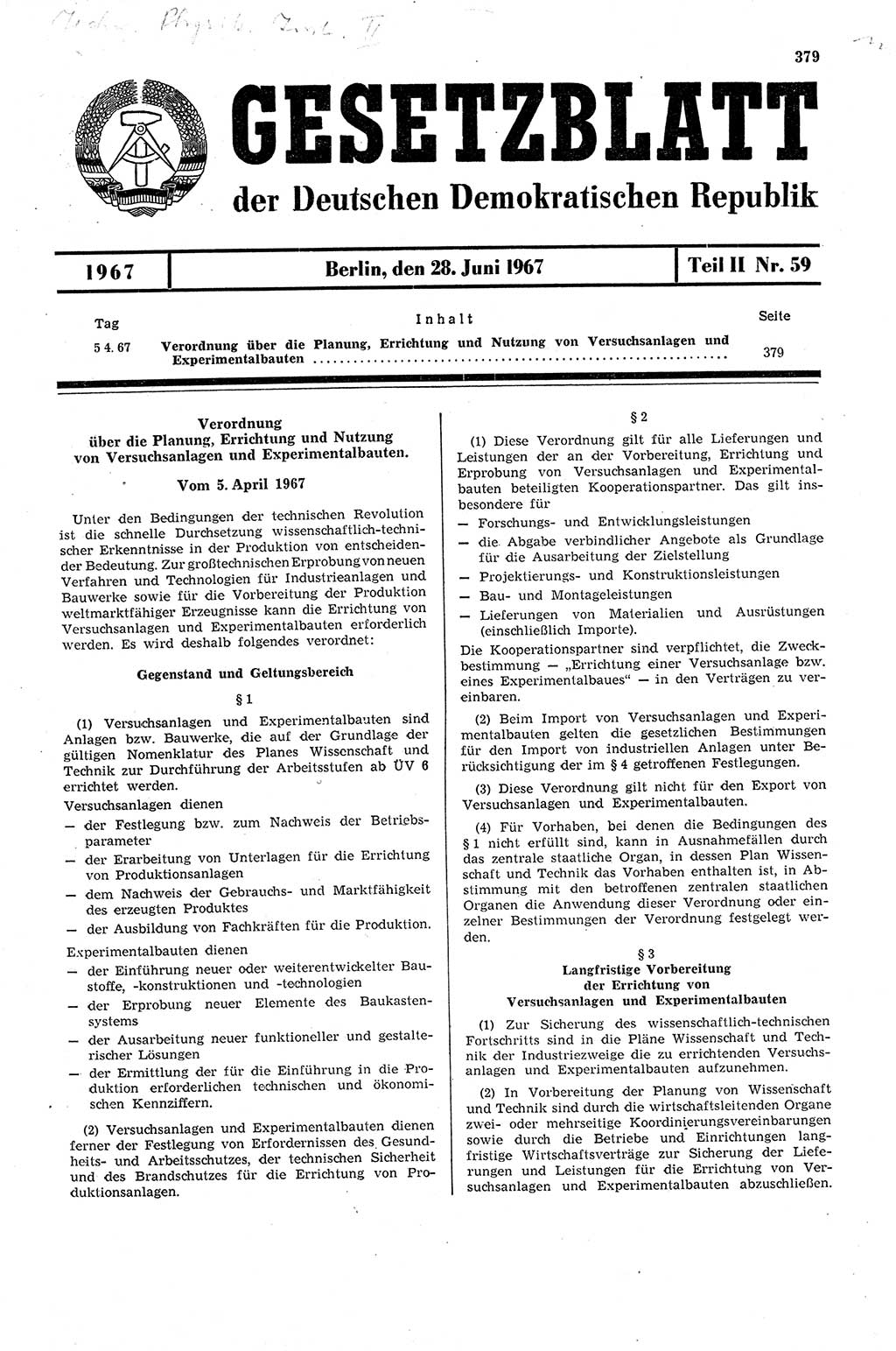 Gesetzblatt (GBl.) der Deutschen Demokratischen Republik (DDR) Teil ⅠⅠ 1967, Seite 379 (GBl. DDR ⅠⅠ 1967, S. 379)