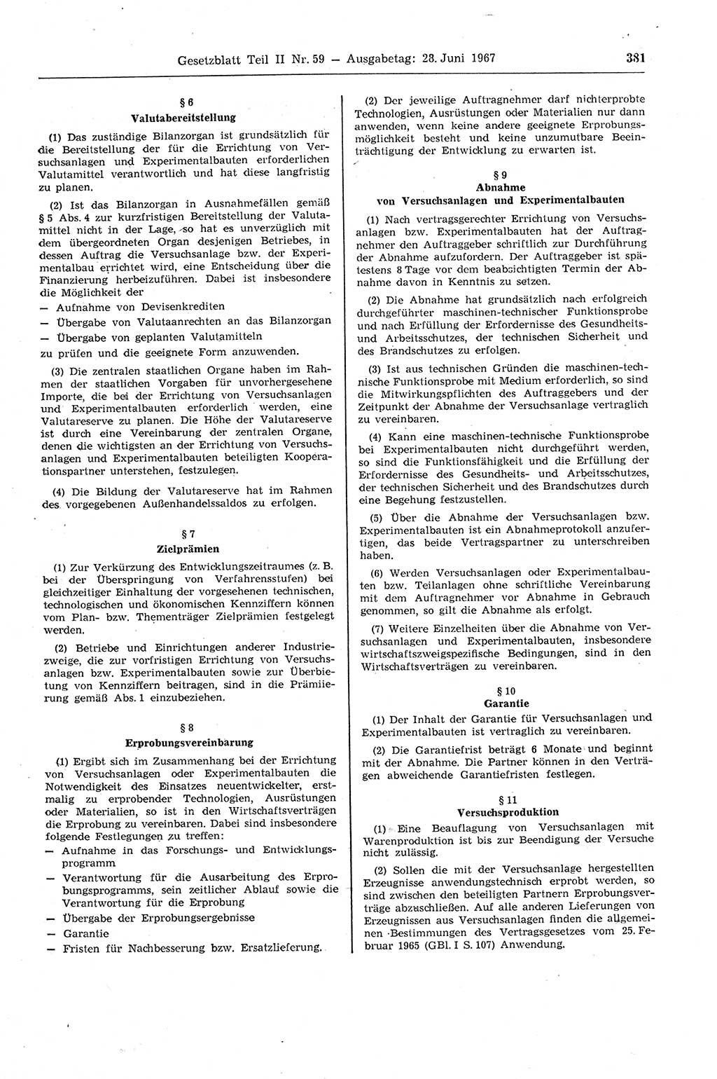 Gesetzblatt (GBl.) der Deutschen Demokratischen Republik (DDR) Teil ⅠⅠ 1967, Seite 381 (GBl. DDR ⅠⅠ 1967, S. 381)