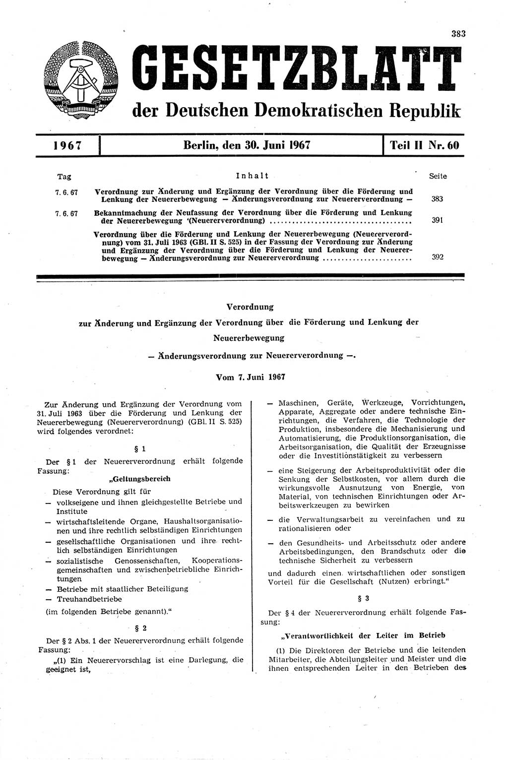 Gesetzblatt (GBl.) der Deutschen Demokratischen Republik (DDR) Teil ⅠⅠ 1967, Seite 383 (GBl. DDR ⅠⅠ 1967, S. 383)