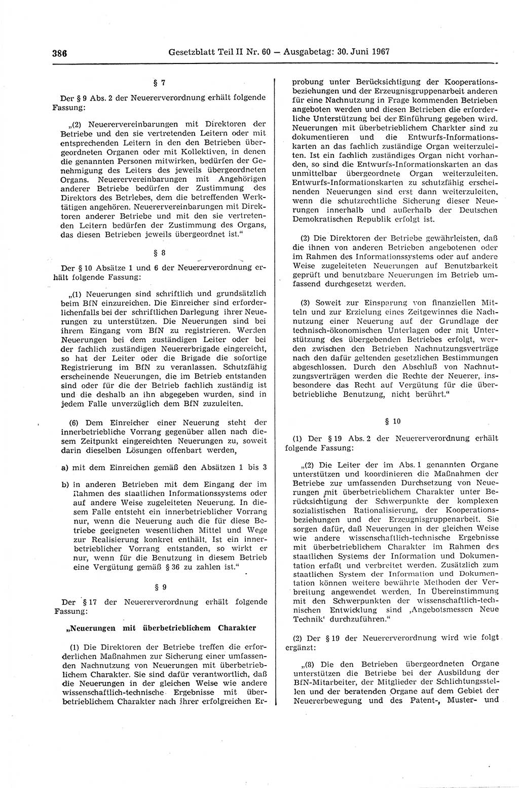 Gesetzblatt (GBl.) der Deutschen Demokratischen Republik (DDR) Teil ⅠⅠ 1967, Seite 386 (GBl. DDR ⅠⅠ 1967, S. 386)