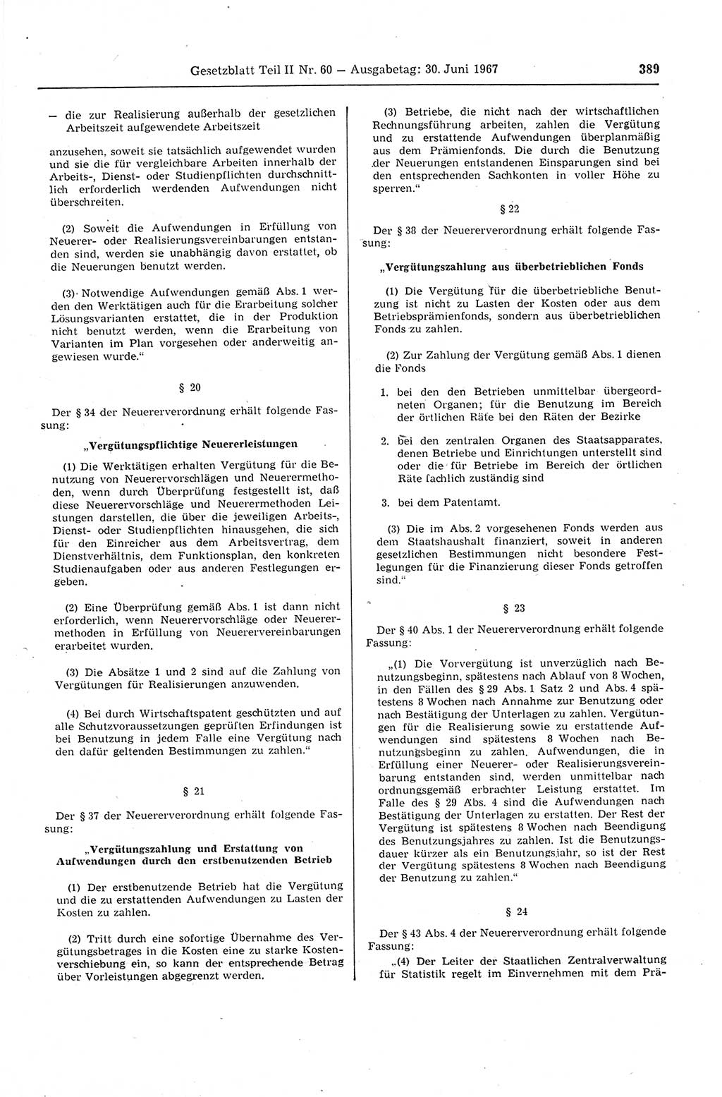 Gesetzblatt (GBl.) der Deutschen Demokratischen Republik (DDR) Teil ⅠⅠ 1967, Seite 389 (GBl. DDR ⅠⅠ 1967, S. 389)