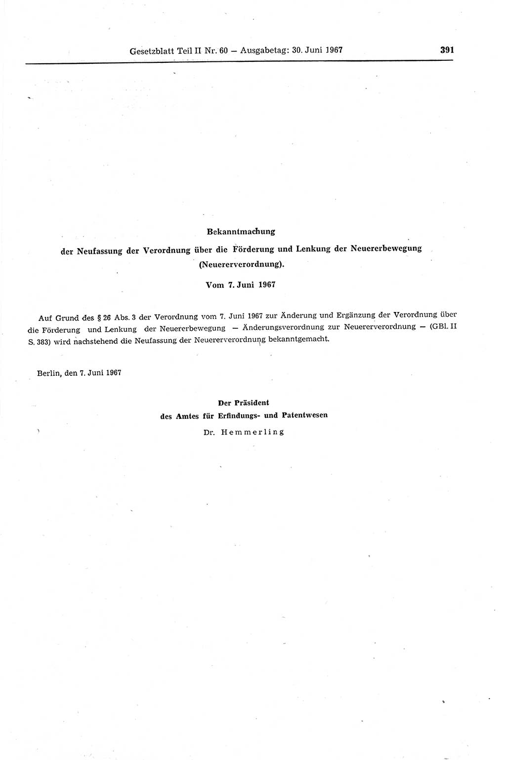 Gesetzblatt (GBl.) der Deutschen Demokratischen Republik (DDR) Teil ⅠⅠ 1967, Seite 391 (GBl. DDR ⅠⅠ 1967, S. 391)