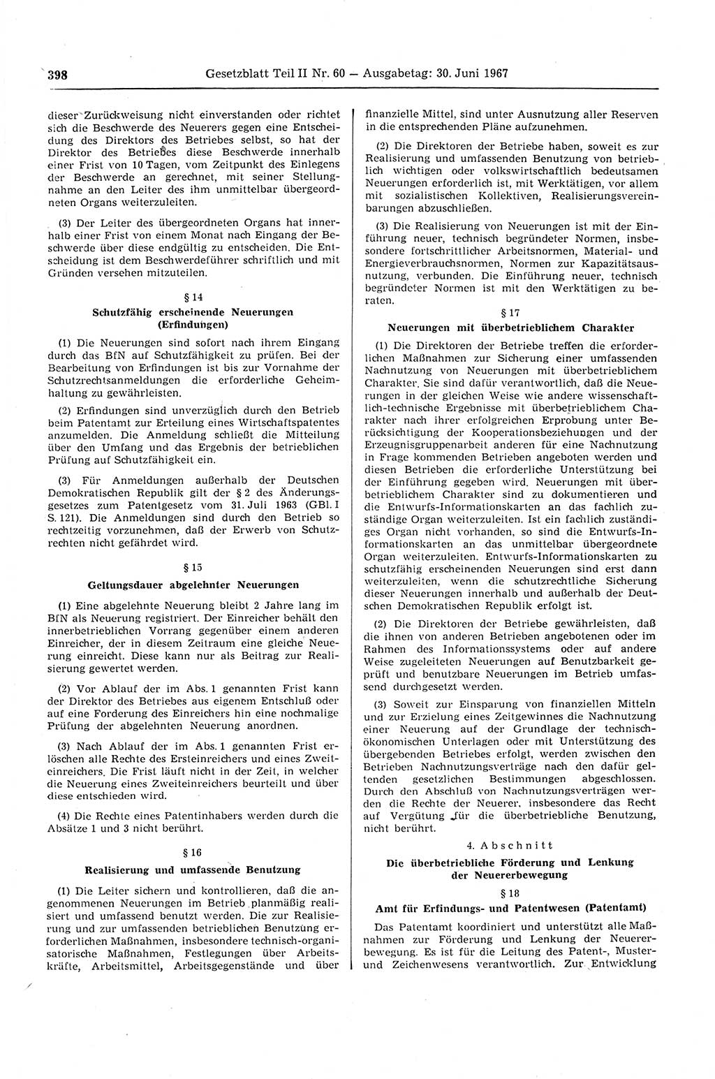 Gesetzblatt (GBl.) der Deutschen Demokratischen Republik (DDR) Teil ⅠⅠ 1967, Seite 398 (GBl. DDR ⅠⅠ 1967, S. 398)
