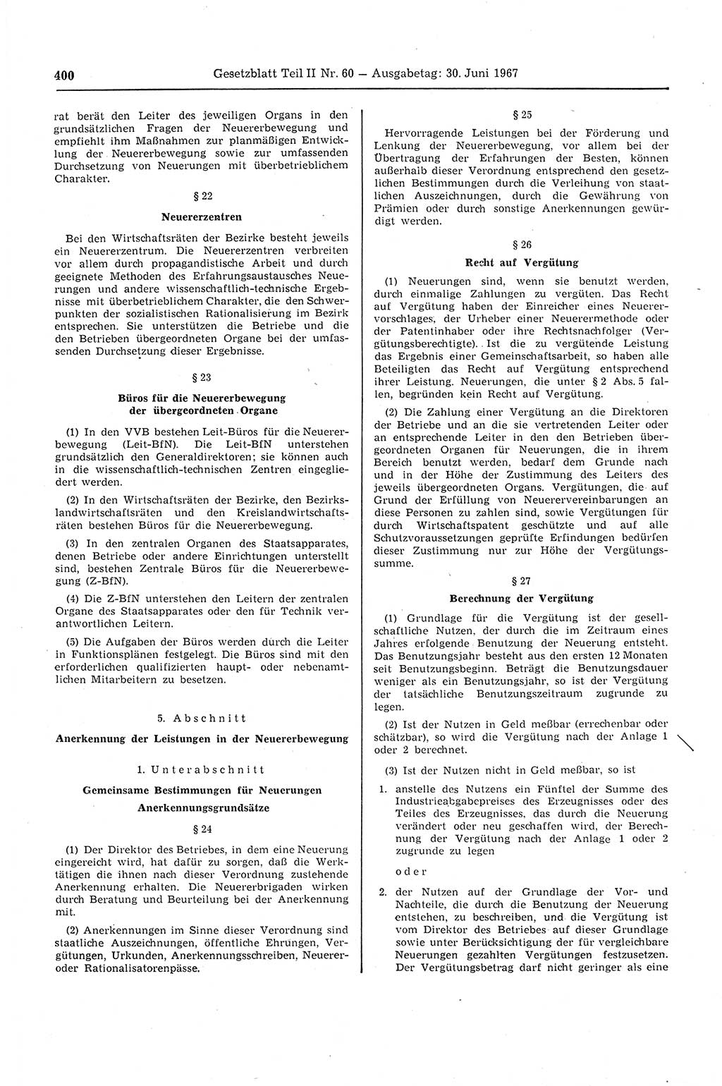 Gesetzblatt (GBl.) der Deutschen Demokratischen Republik (DDR) Teil ⅠⅠ 1967, Seite 400 (GBl. DDR ⅠⅠ 1967, S. 400)