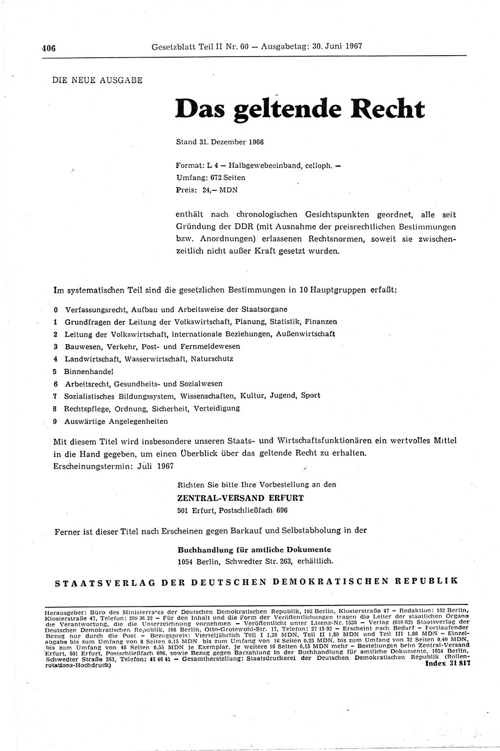 Gesetzblatt (GBl.) der Deutschen Demokratischen Republik (DDR) Teil ⅠⅠ 1967, Seite 406 (GBl. DDR ⅠⅠ 1967, S. 406)