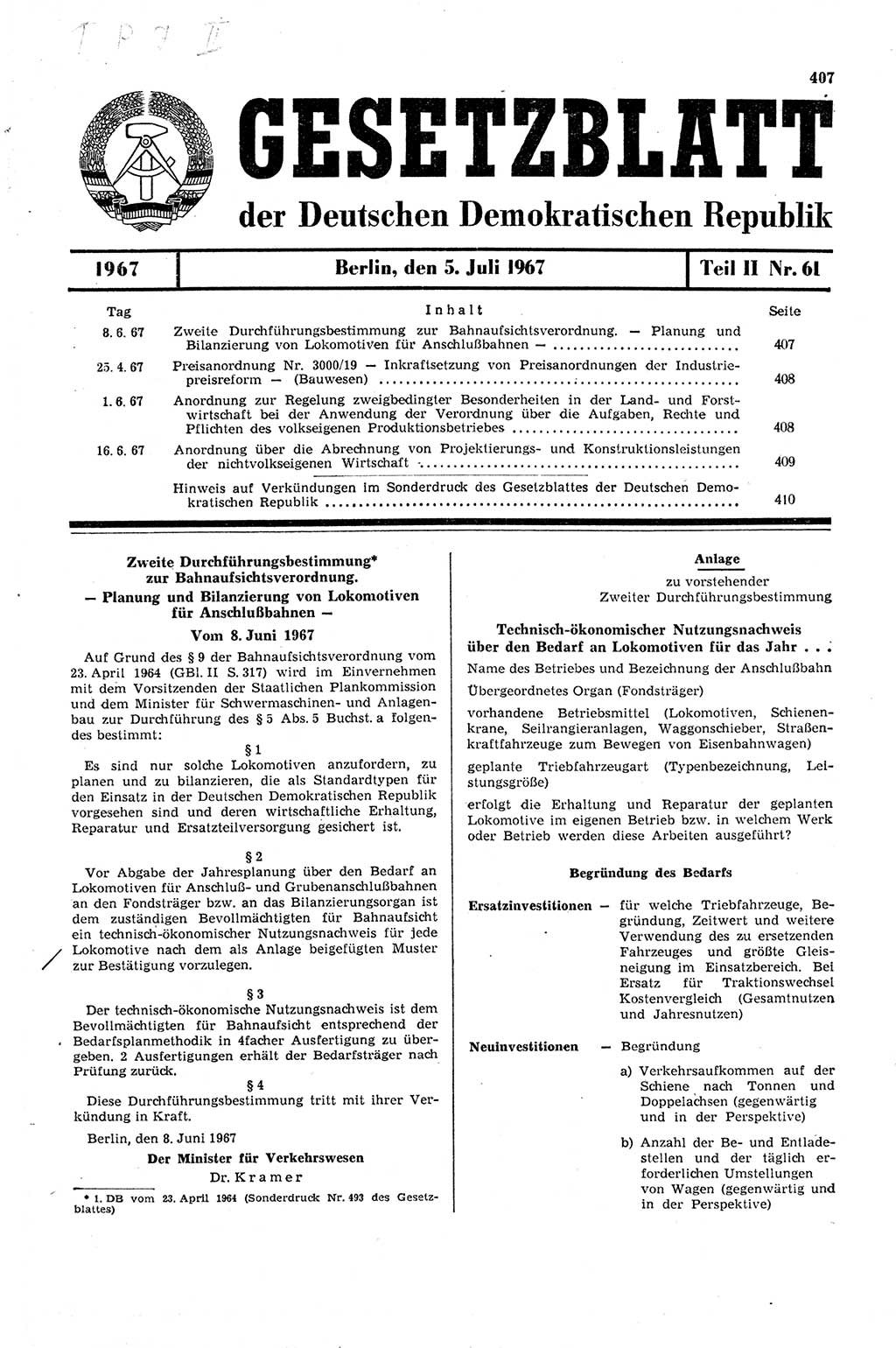 Gesetzblatt (GBl.) der Deutschen Demokratischen Republik (DDR) Teil ⅠⅠ 1967, Seite 407 (GBl. DDR ⅠⅠ 1967, S. 407)