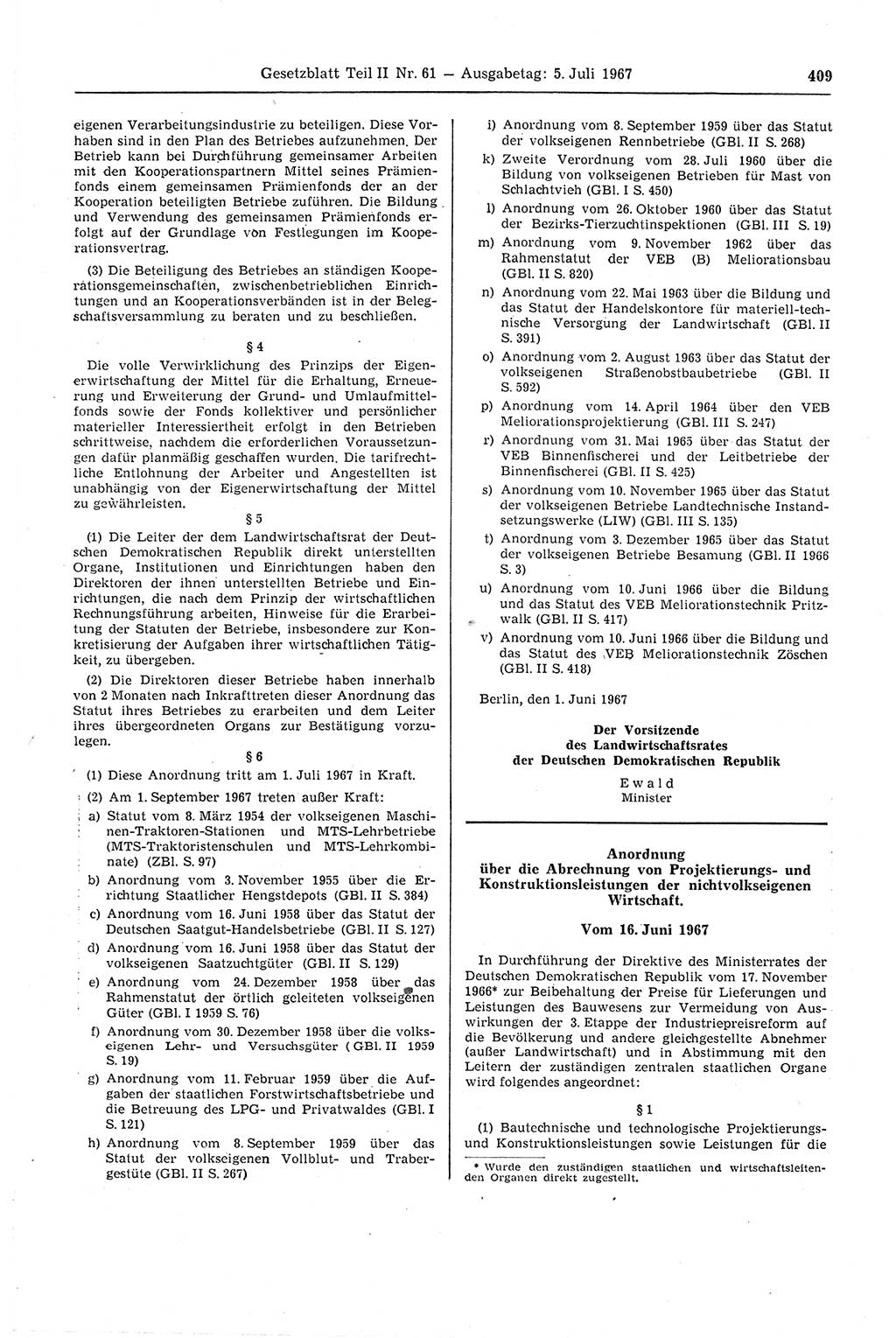 Gesetzblatt (GBl.) der Deutschen Demokratischen Republik (DDR) Teil ⅠⅠ 1967, Seite 409 (GBl. DDR ⅠⅠ 1967, S. 409)