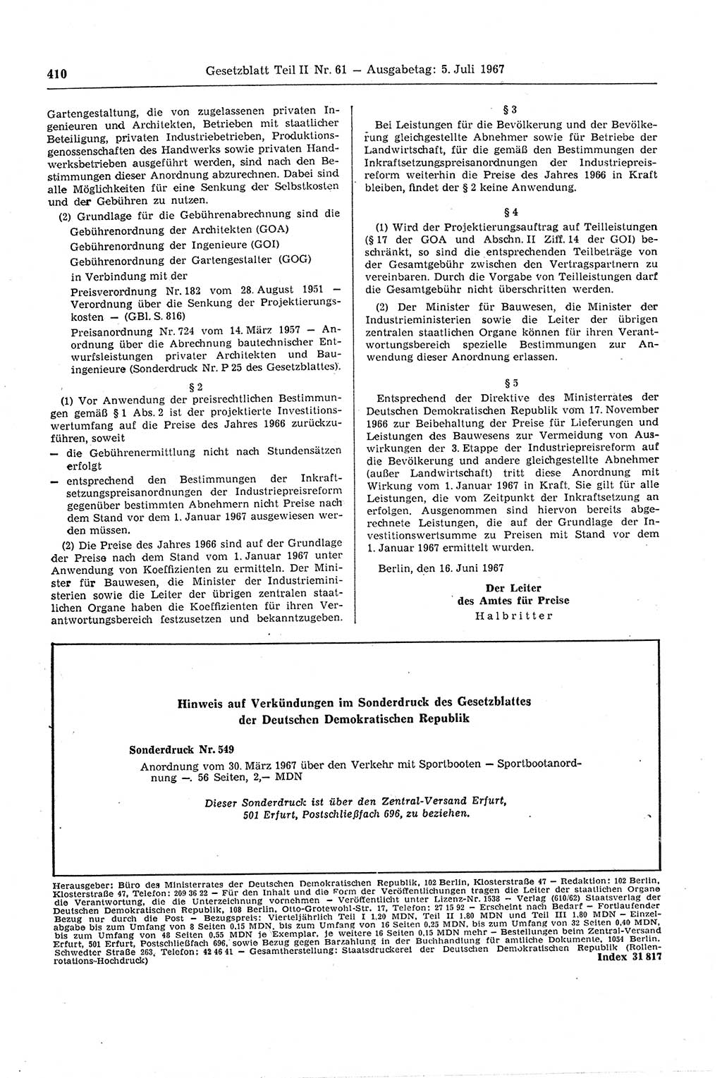 Gesetzblatt (GBl.) der Deutschen Demokratischen Republik (DDR) Teil ⅠⅠ 1967, Seite 410 (GBl. DDR ⅠⅠ 1967, S. 410)