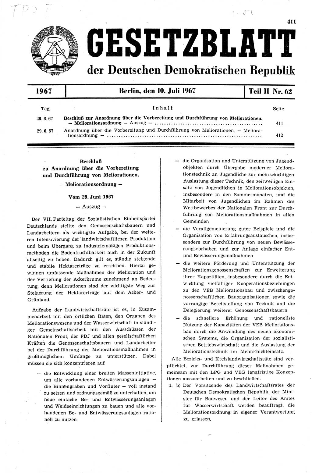 Gesetzblatt (GBl.) der Deutschen Demokratischen Republik (DDR) Teil ⅠⅠ 1967, Seite 411 (GBl. DDR ⅠⅠ 1967, S. 411)