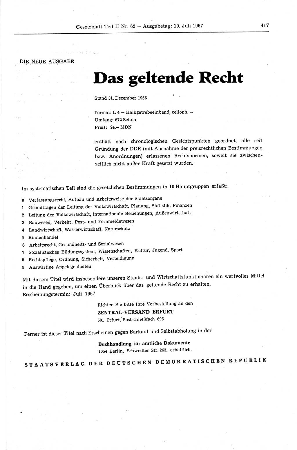 Gesetzblatt (GBl.) der Deutschen Demokratischen Republik (DDR) Teil ⅠⅠ 1967, Seite 417 (GBl. DDR ⅠⅠ 1967, S. 417)