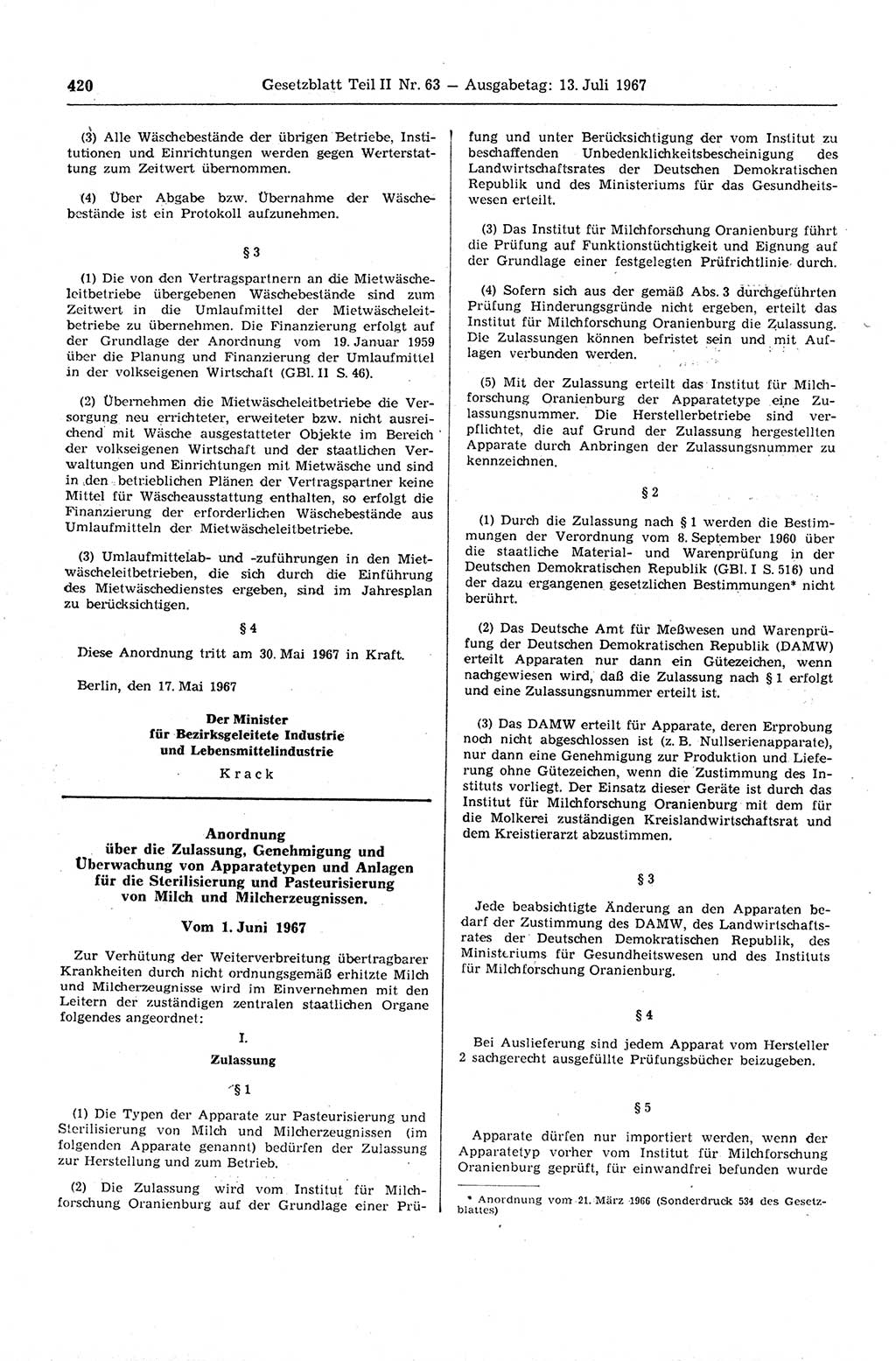Gesetzblatt (GBl.) der Deutschen Demokratischen Republik (DDR) Teil ⅠⅠ 1967, Seite 420 (GBl. DDR ⅠⅠ 1967, S. 420)