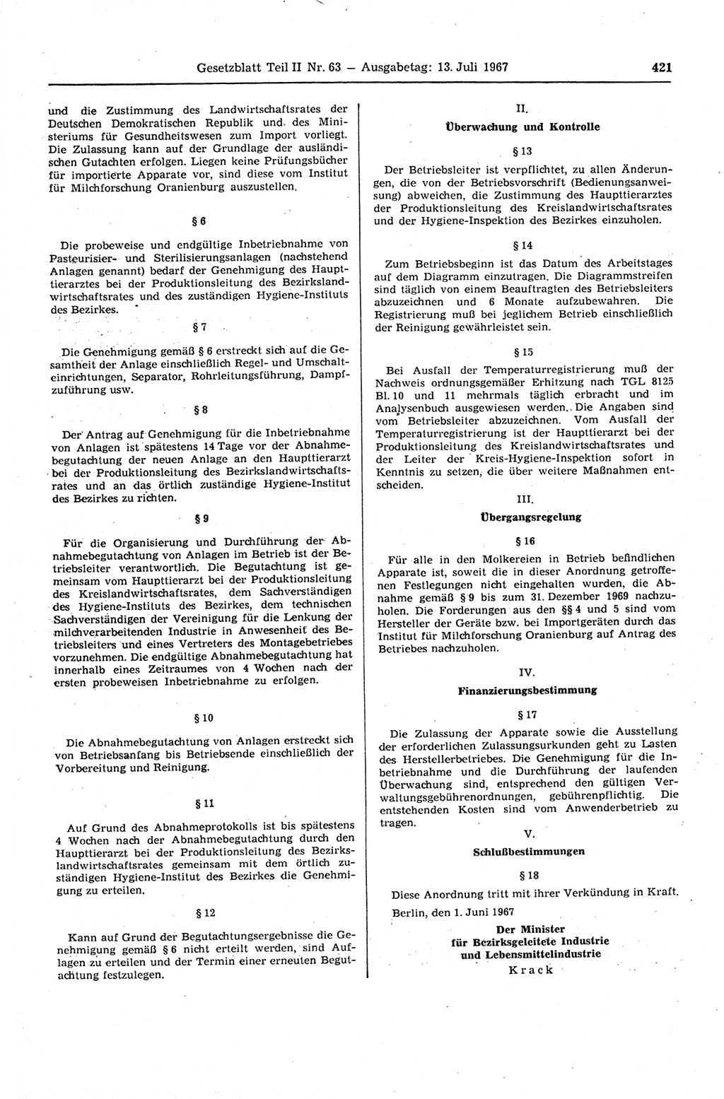 Gesetzblatt (GBl.) der Deutschen Demokratischen Republik (DDR) Teil ⅠⅠ 1967, Seite 421 (GBl. DDR ⅠⅠ 1967, S. 421)