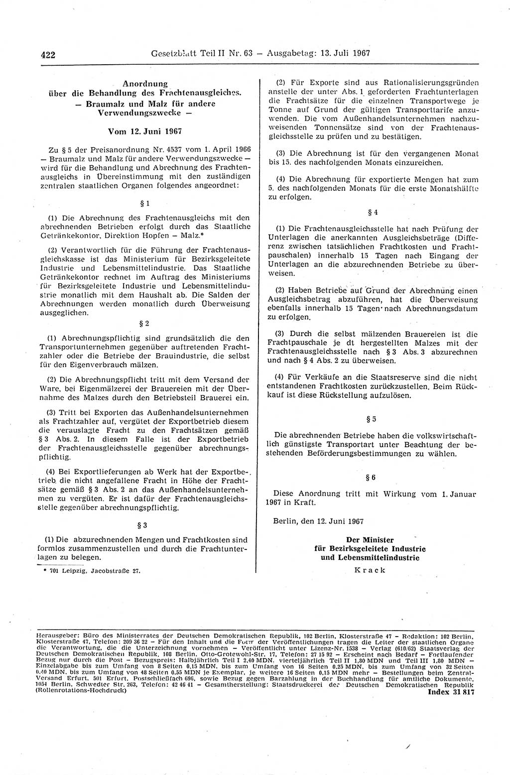 Gesetzblatt (GBl.) der Deutschen Demokratischen Republik (DDR) Teil ⅠⅠ 1967, Seite 422 (GBl. DDR ⅠⅠ 1967, S. 422)