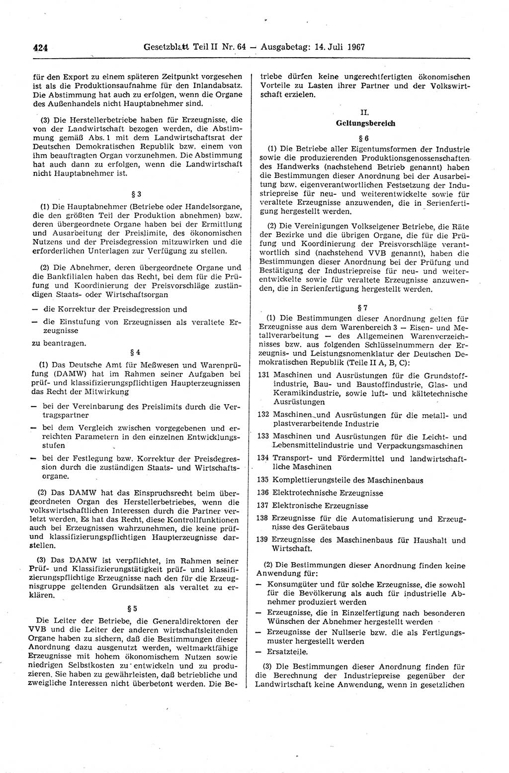 Gesetzblatt (GBl.) der Deutschen Demokratischen Republik (DDR) Teil ⅠⅠ 1967, Seite 424 (GBl. DDR ⅠⅠ 1967, S. 424)