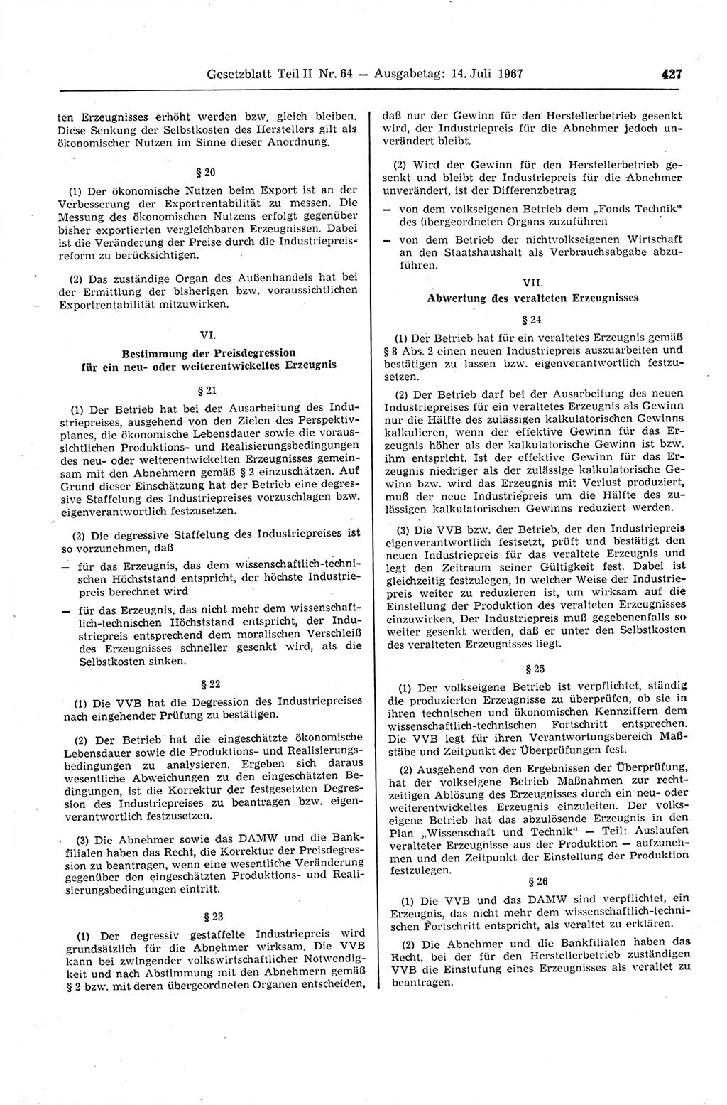 Gesetzblatt (GBl.) der Deutschen Demokratischen Republik (DDR) Teil ⅠⅠ 1967, Seite 427 (GBl. DDR ⅠⅠ 1967, S. 427)