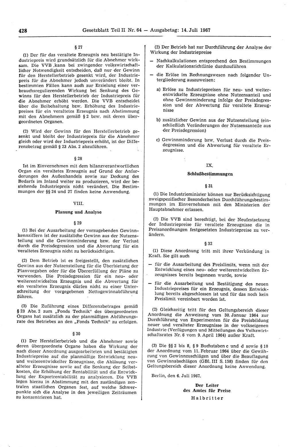 Gesetzblatt (GBl.) der Deutschen Demokratischen Republik (DDR) Teil ⅠⅠ 1967, Seite 428 (GBl. DDR ⅠⅠ 1967, S. 428)