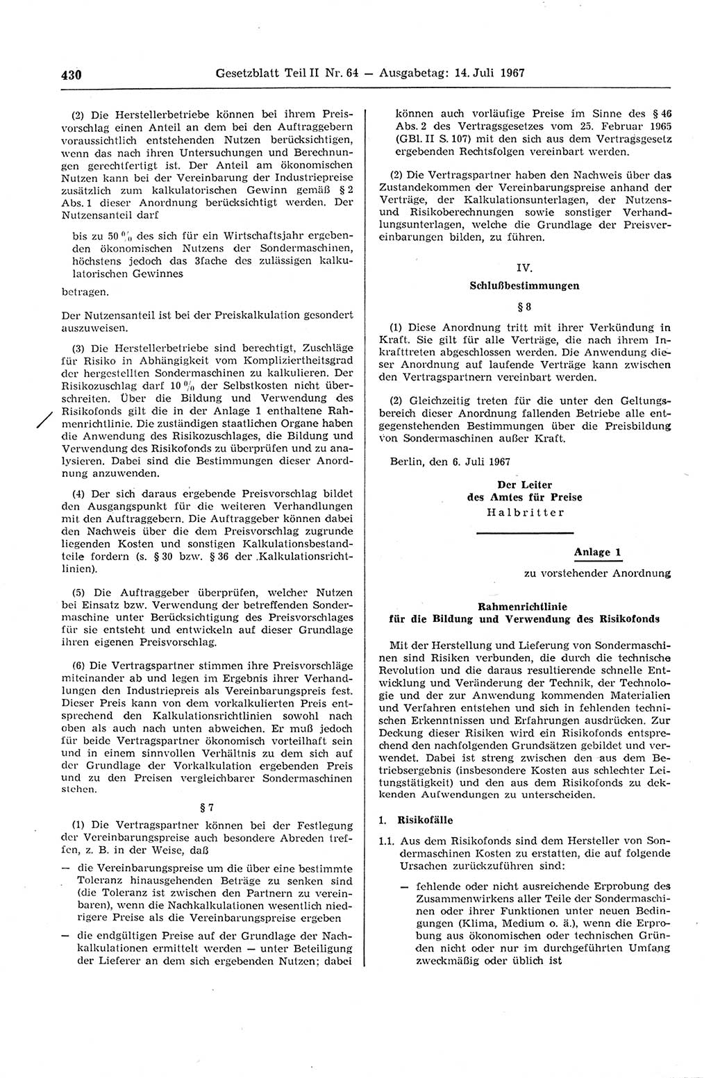 Gesetzblatt (GBl.) der Deutschen Demokratischen Republik (DDR) Teil ⅠⅠ 1967, Seite 430 (GBl. DDR ⅠⅠ 1967, S. 430)