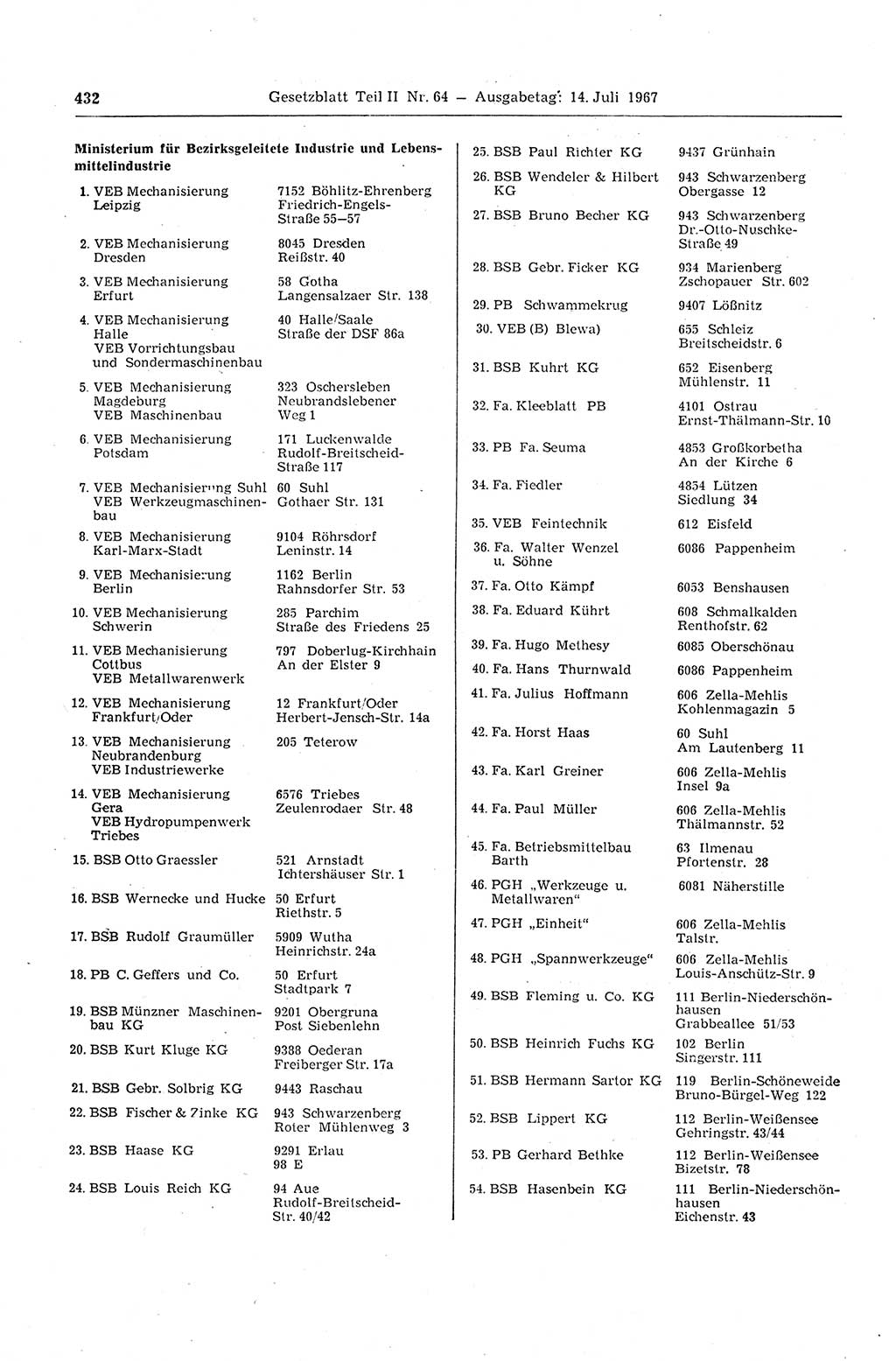 Gesetzblatt (GBl.) der Deutschen Demokratischen Republik (DDR) Teil ⅠⅠ 1967, Seite 432 (GBl. DDR ⅠⅠ 1967, S. 432)