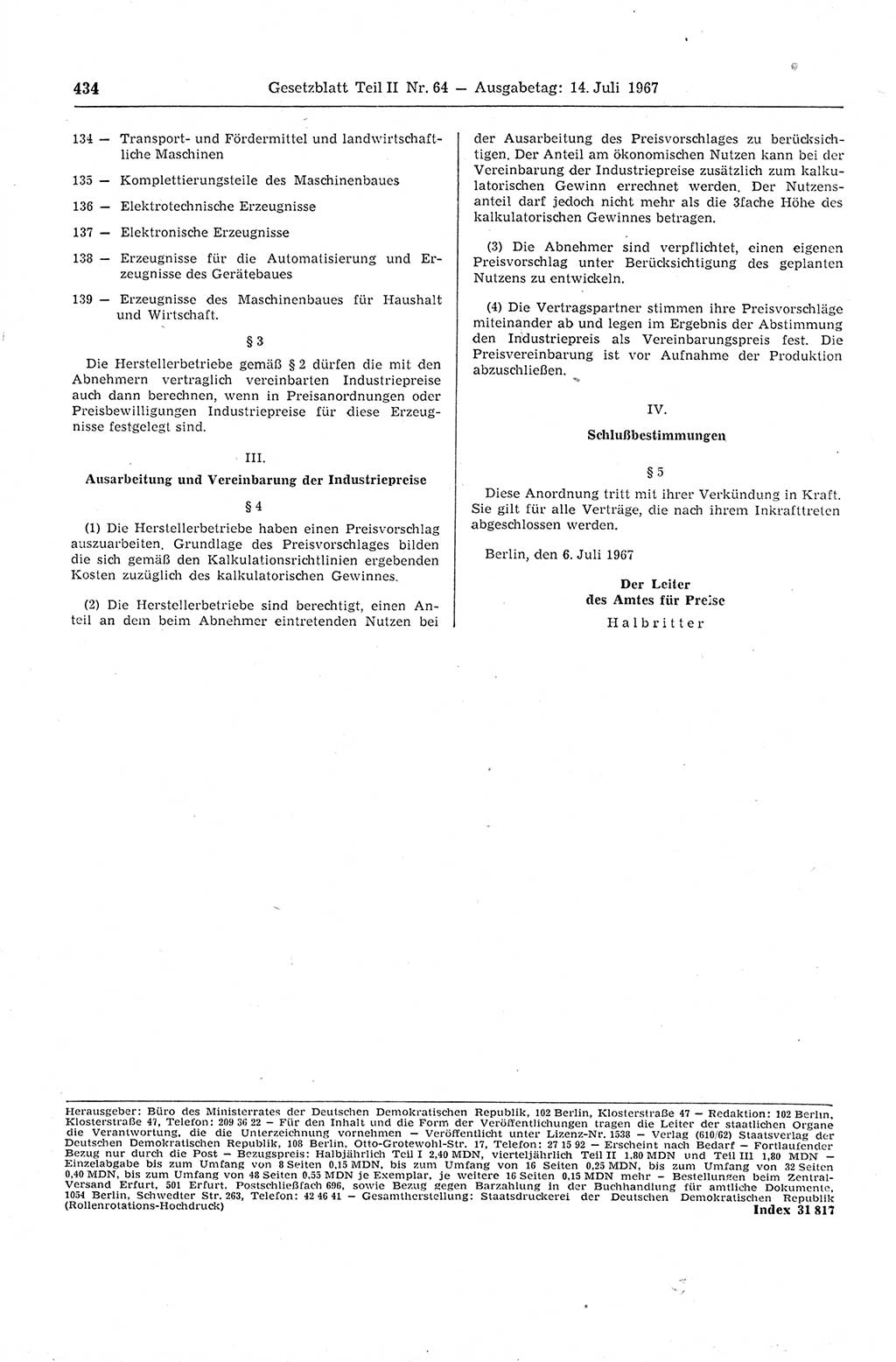 Gesetzblatt (GBl.) der Deutschen Demokratischen Republik (DDR) Teil ⅠⅠ 1967, Seite 434 (GBl. DDR ⅠⅠ 1967, S. 434)