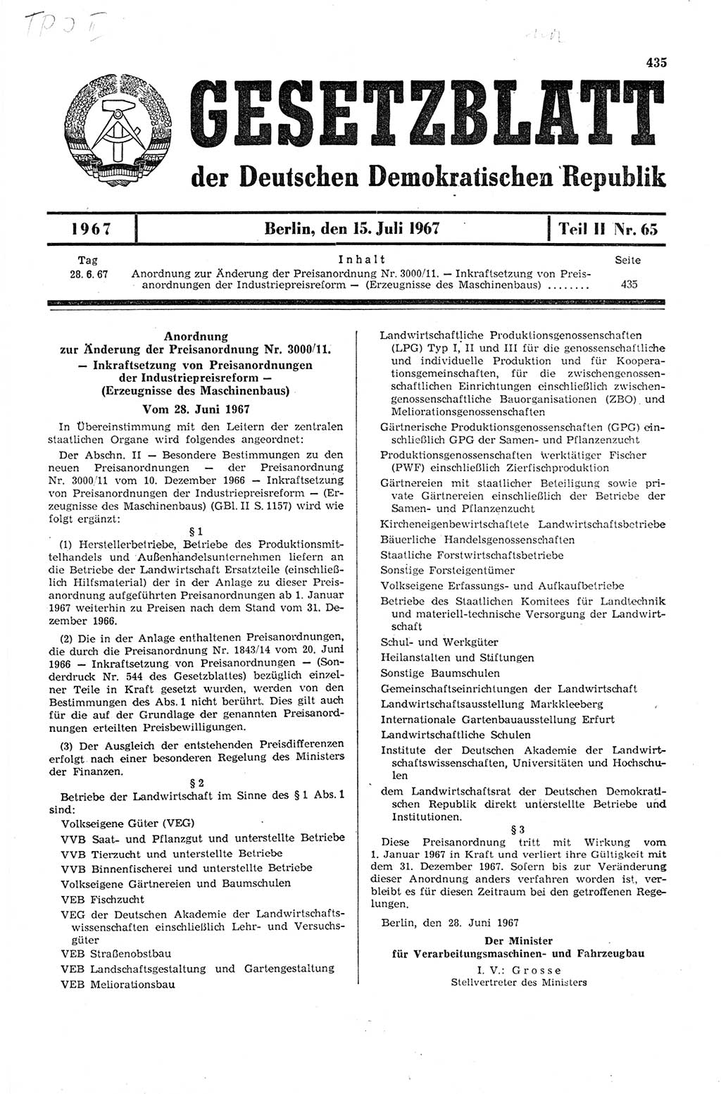 Gesetzblatt (GBl.) der Deutschen Demokratischen Republik (DDR) Teil ⅠⅠ 1967, Seite 435 (GBl. DDR ⅠⅠ 1967, S. 435)