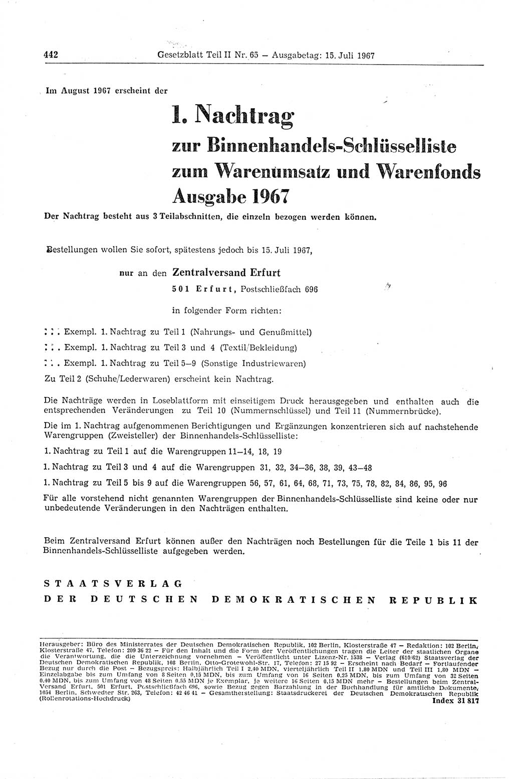 Gesetzblatt (GBl.) der Deutschen Demokratischen Republik (DDR) Teil ⅠⅠ 1967, Seite 442 (GBl. DDR ⅠⅠ 1967, S. 442)