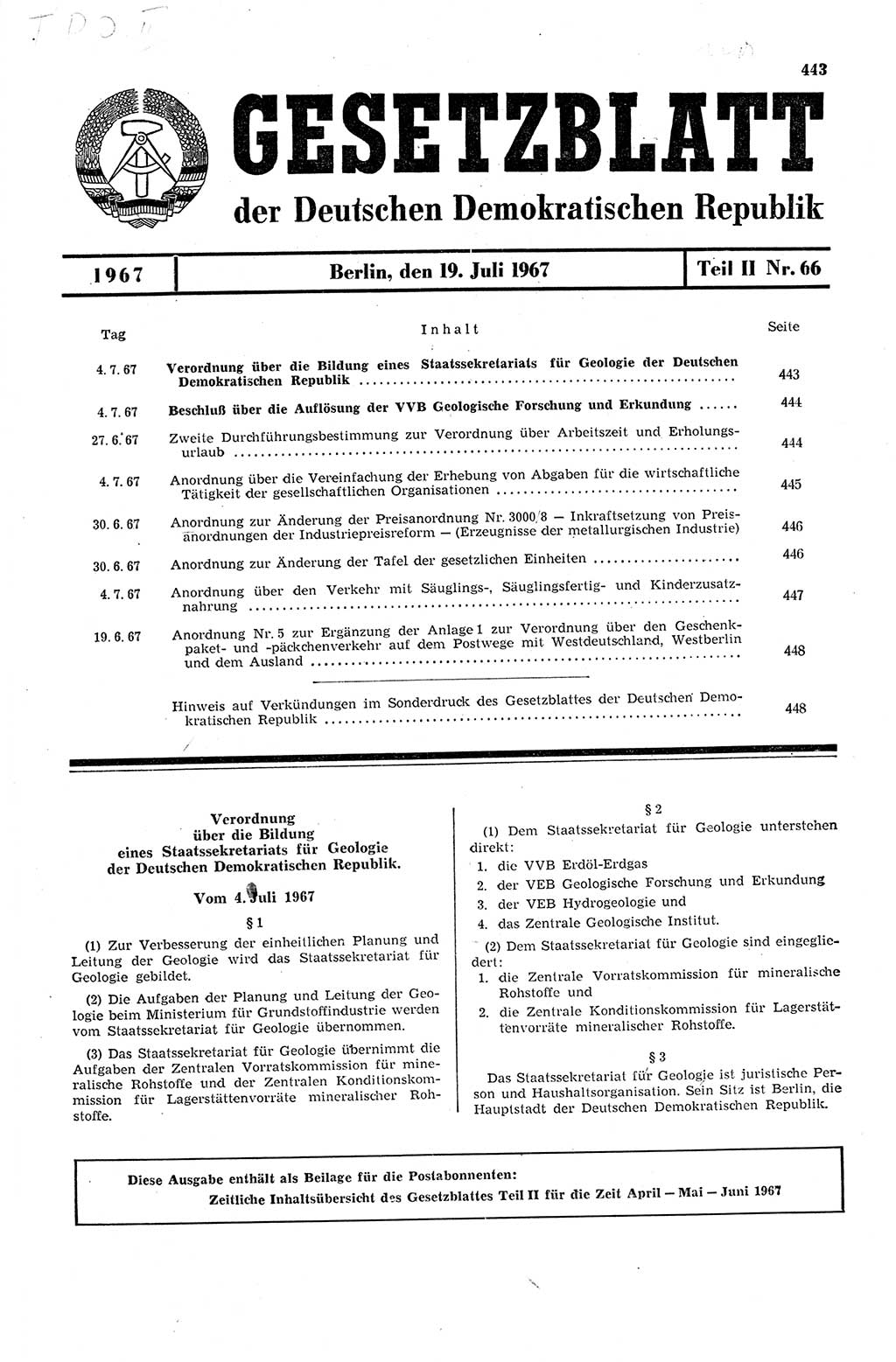 Gesetzblatt (GBl.) der Deutschen Demokratischen Republik (DDR) Teil ⅠⅠ 1967, Seite 443 (GBl. DDR ⅠⅠ 1967, S. 443)