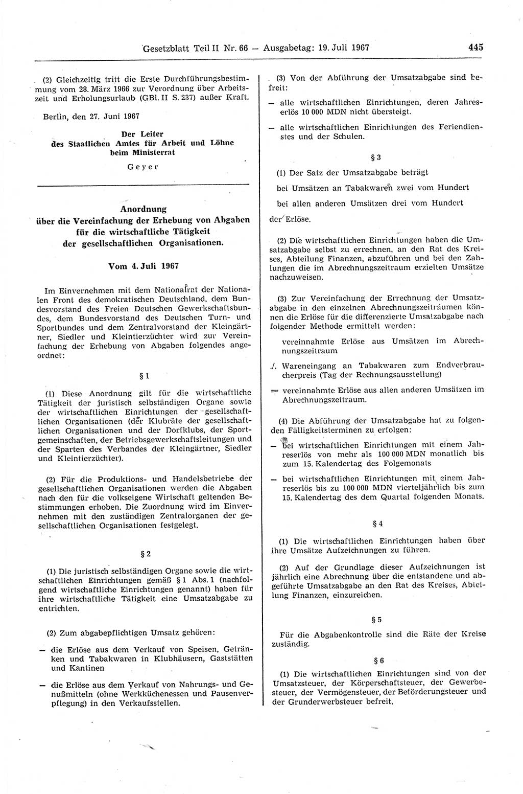 Gesetzblatt (GBl.) der Deutschen Demokratischen Republik (DDR) Teil ⅠⅠ 1967, Seite 445 (GBl. DDR ⅠⅠ 1967, S. 445)