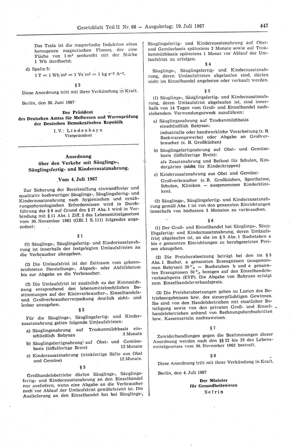 Gesetzblatt (GBl.) der Deutschen Demokratischen Republik (DDR) Teil ⅠⅠ 1967, Seite 447 (GBl. DDR ⅠⅠ 1967, S. 447)
