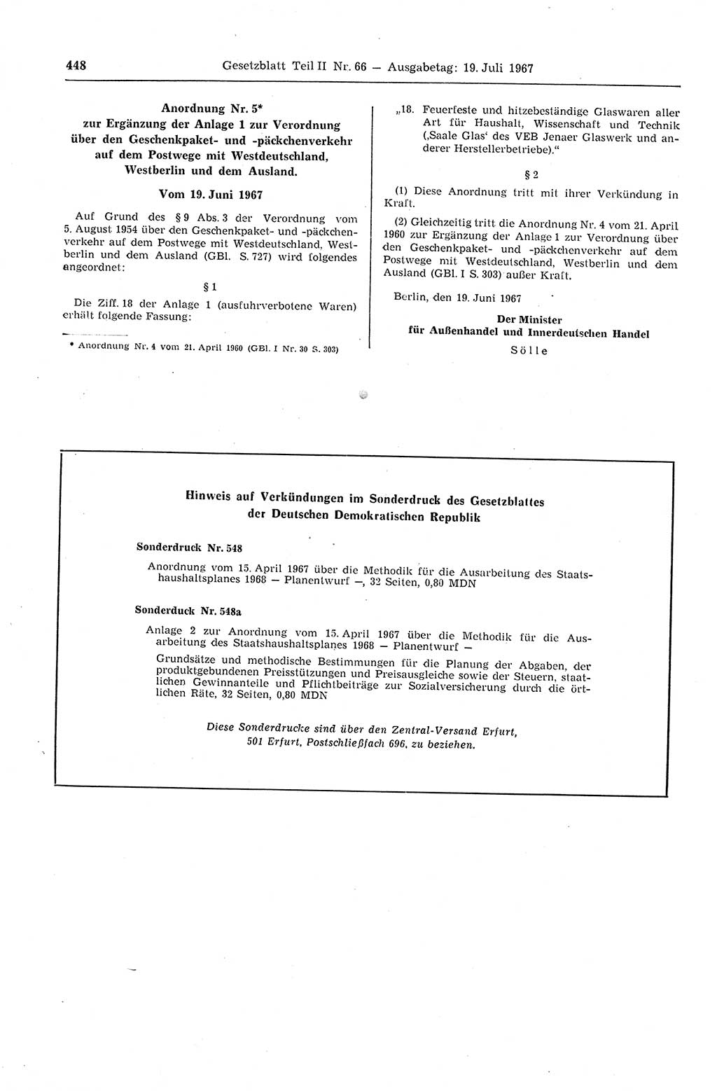 Gesetzblatt (GBl.) der Deutschen Demokratischen Republik (DDR) Teil ⅠⅠ 1967, Seite 448 (GBl. DDR ⅠⅠ 1967, S. 448)