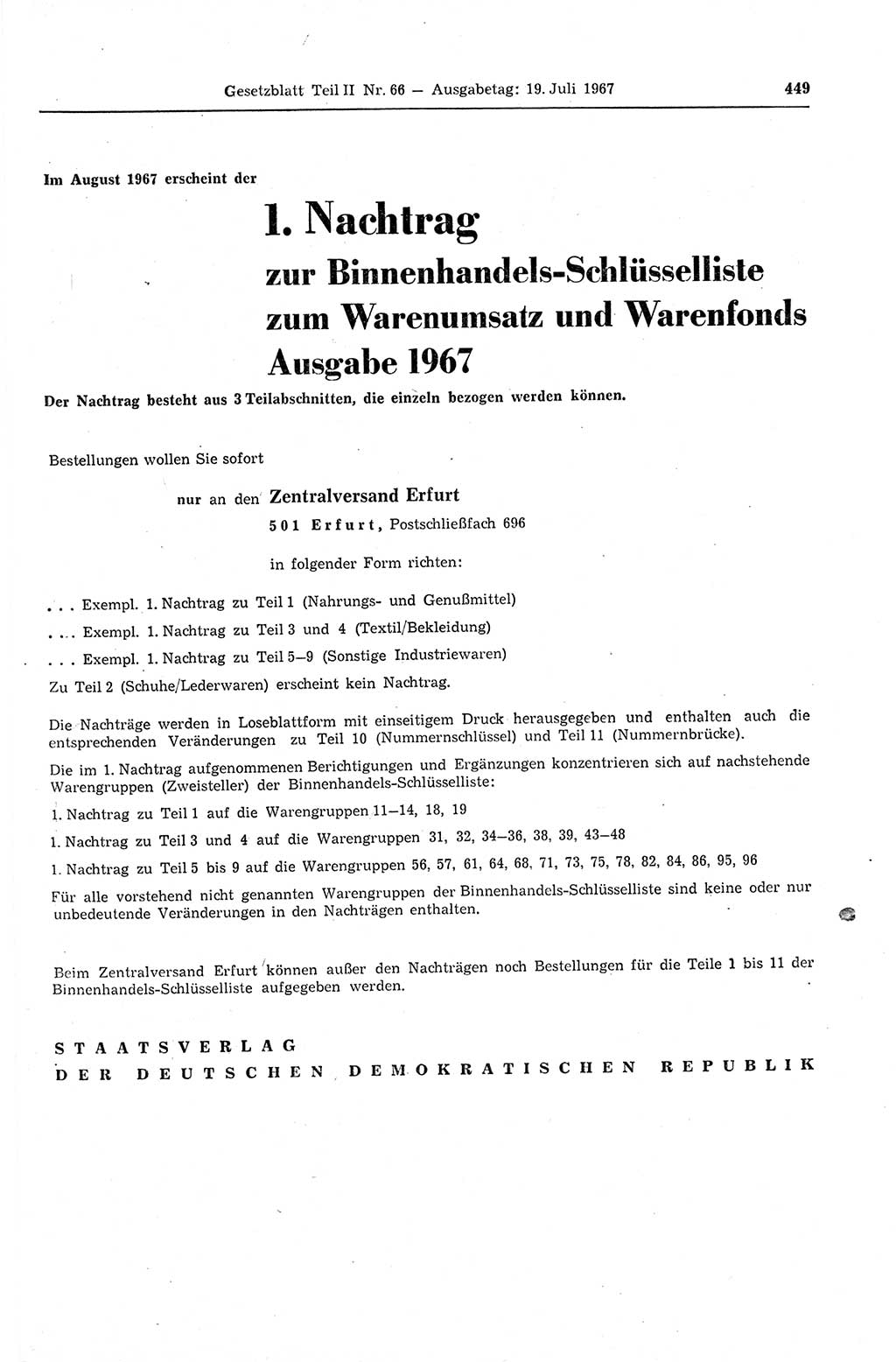 Gesetzblatt (GBl.) der Deutschen Demokratischen Republik (DDR) Teil ⅠⅠ 1967, Seite 449 (GBl. DDR ⅠⅠ 1967, S. 449)
