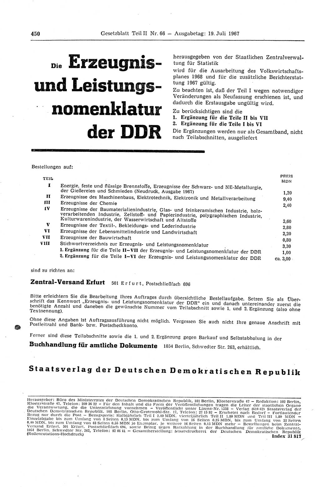 Gesetzblatt (GBl.) der Deutschen Demokratischen Republik (DDR) Teil ⅠⅠ 1967, Seite 450 (GBl. DDR ⅠⅠ 1967, S. 450)