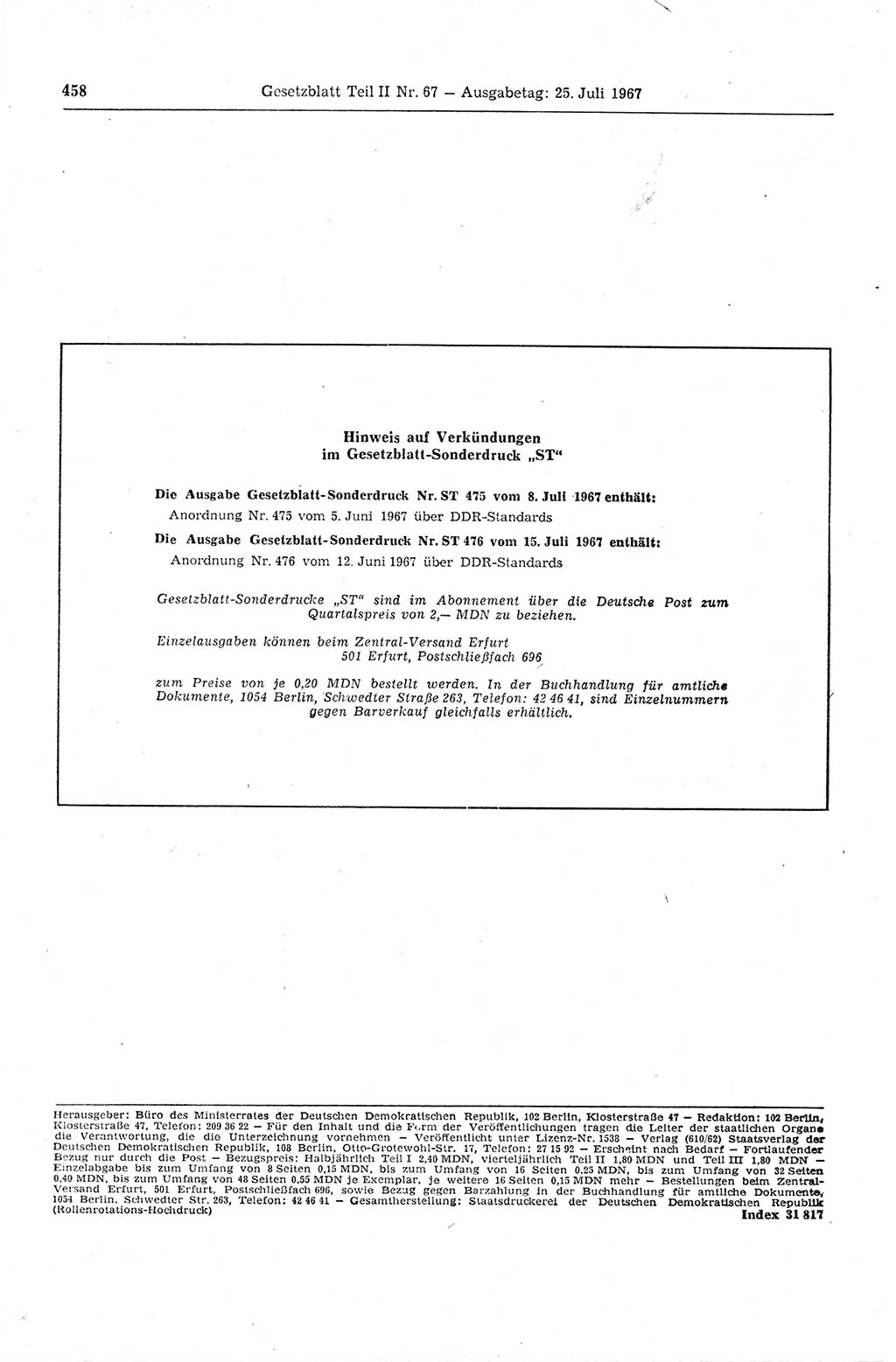 Gesetzblatt (GBl.) der Deutschen Demokratischen Republik (DDR) Teil ⅠⅠ 1967, Seite 458 (GBl. DDR ⅠⅠ 1967, S. 458)