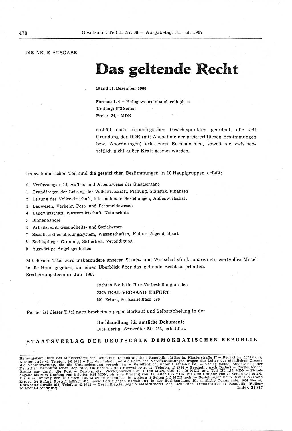 Gesetzblatt (GBl.) der Deutschen Demokratischen Republik (DDR) Teil ⅠⅠ 1967, Seite 470 (GBl. DDR ⅠⅠ 1967, S. 470)