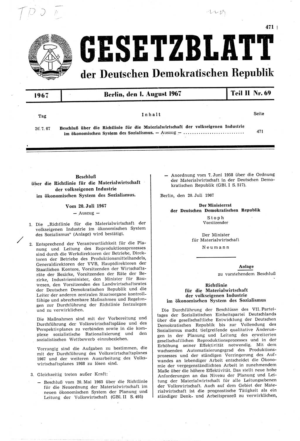Gesetzblatt (GBl.) der Deutschen Demokratischen Republik (DDR) Teil ⅠⅠ 1967, Seite 471 (GBl. DDR ⅠⅠ 1967, S. 471)
