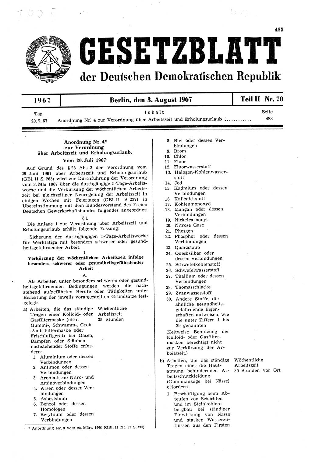 Gesetzblatt (GBl.) der Deutschen Demokratischen Republik (DDR) Teil ⅠⅠ 1967, Seite 483 (GBl. DDR ⅠⅠ 1967, S. 483)