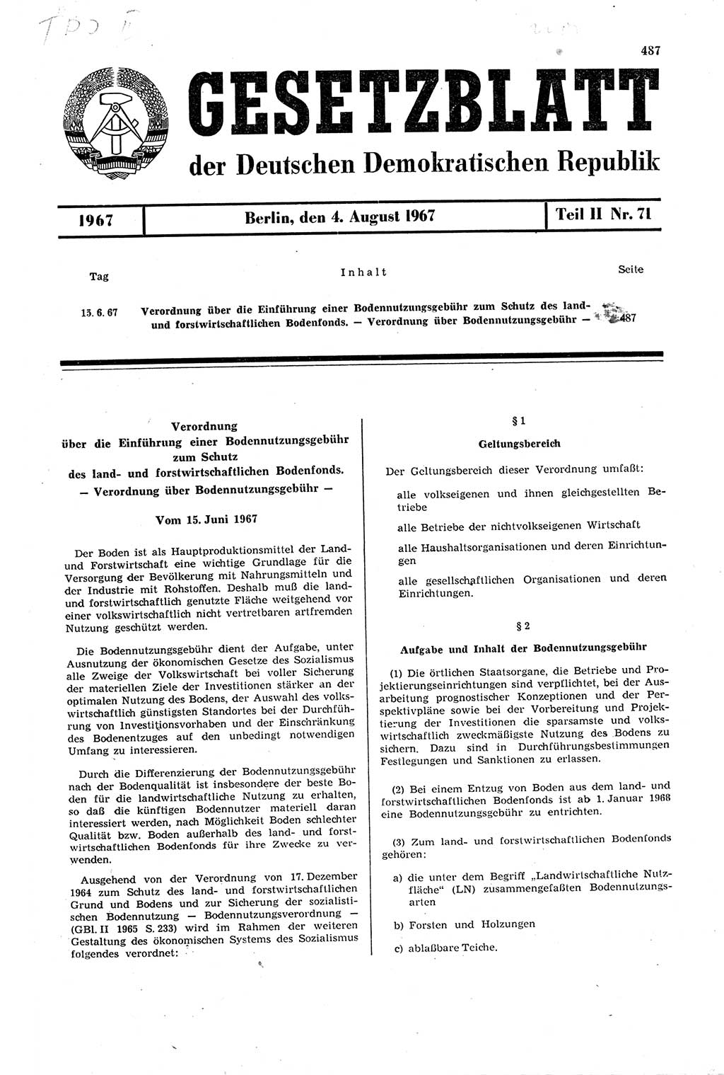Gesetzblatt (GBl.) der Deutschen Demokratischen Republik (DDR) Teil ⅠⅠ 1967, Seite 487 (GBl. DDR ⅠⅠ 1967, S. 487)