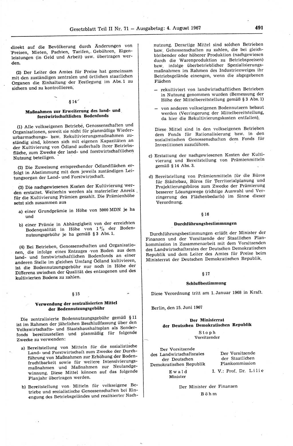 Gesetzblatt (GBl.) der Deutschen Demokratischen Republik (DDR) Teil ⅠⅠ 1967, Seite 491 (GBl. DDR ⅠⅠ 1967, S. 491)