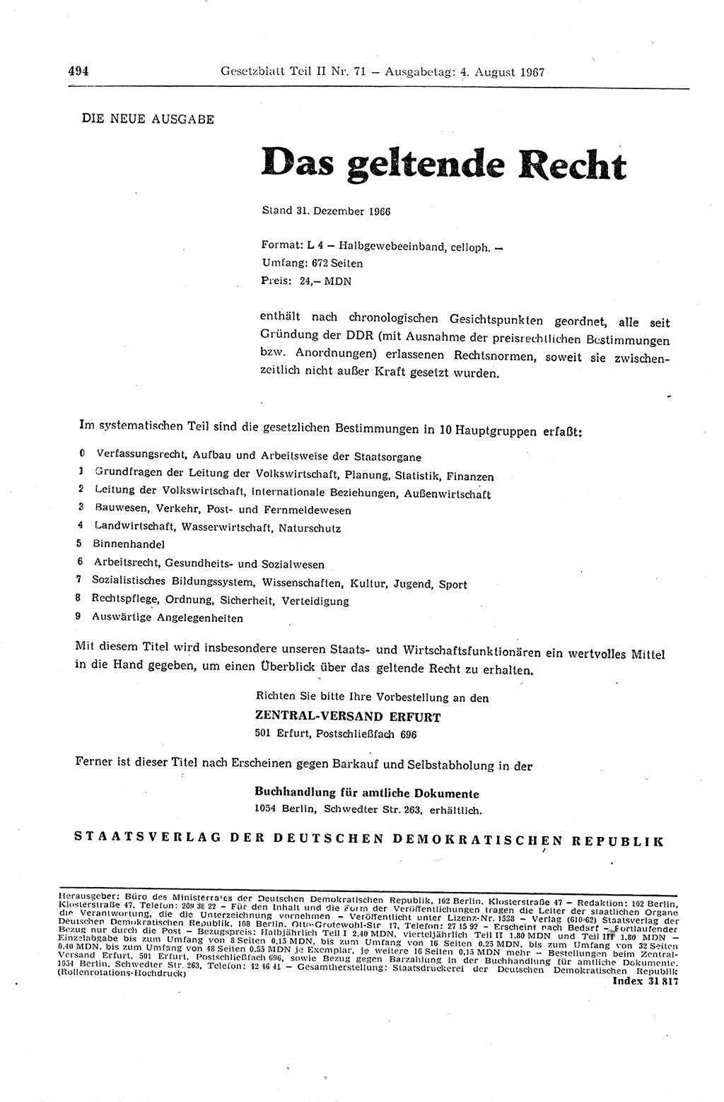 Gesetzblatt (GBl.) der Deutschen Demokratischen Republik (DDR) Teil ⅠⅠ 1967, Seite 494 (GBl. DDR ⅠⅠ 1967, S. 494)