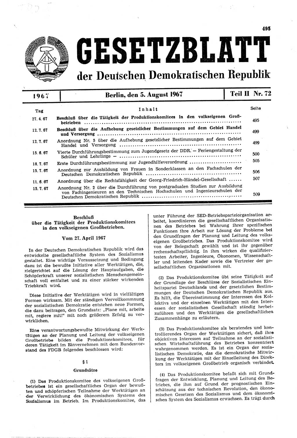 Gesetzblatt (GBl.) der Deutschen Demokratischen Republik (DDR) Teil ⅠⅠ 1967, Seite 495 (GBl. DDR ⅠⅠ 1967, S. 495)