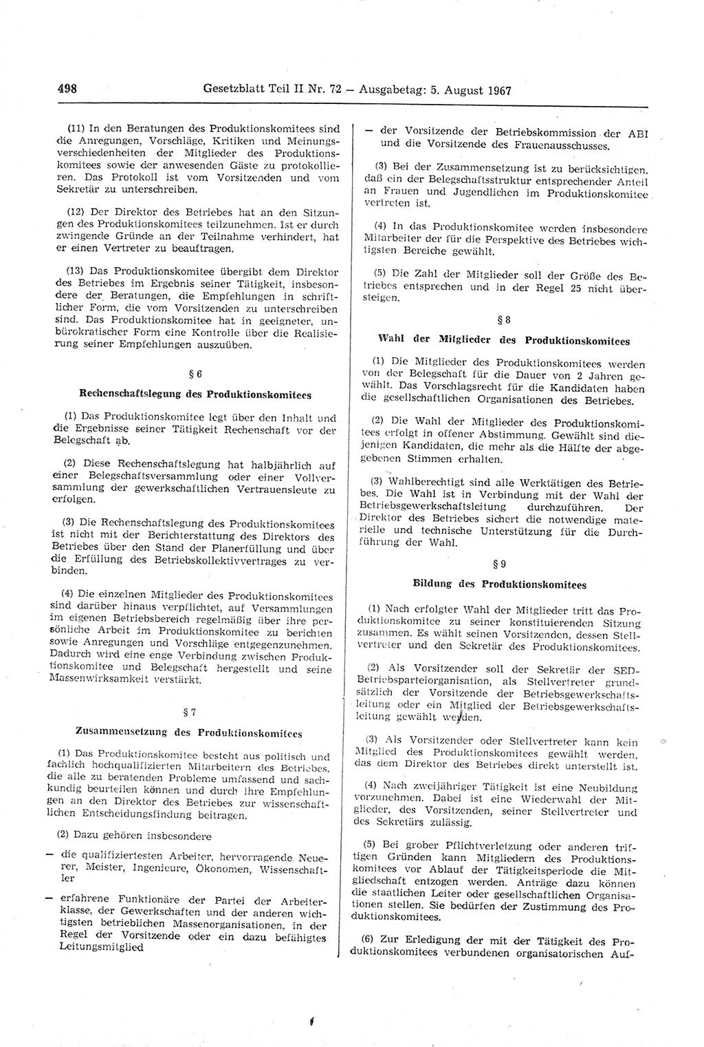 Gesetzblatt (GBl.) der Deutschen Demokratischen Republik (DDR) Teil ⅠⅠ 1967, Seite 498 (GBl. DDR ⅠⅠ 1967, S. 498)