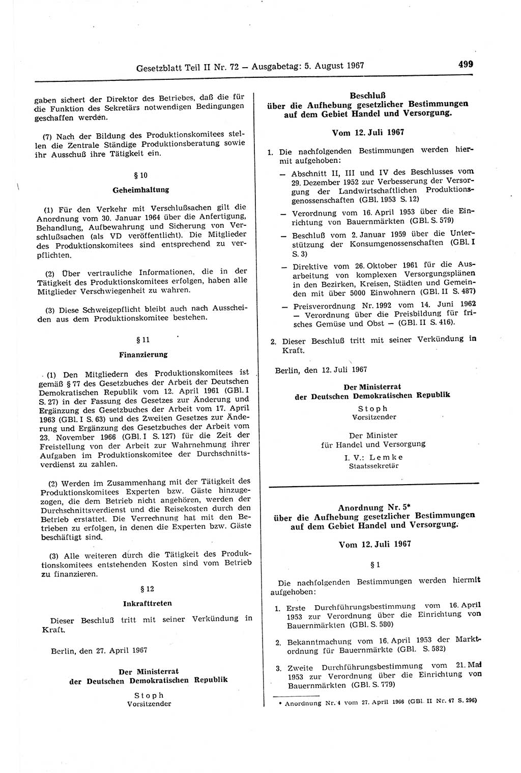 Gesetzblatt (GBl.) der Deutschen Demokratischen Republik (DDR) Teil ⅠⅠ 1967, Seite 499 (GBl. DDR ⅠⅠ 1967, S. 499)