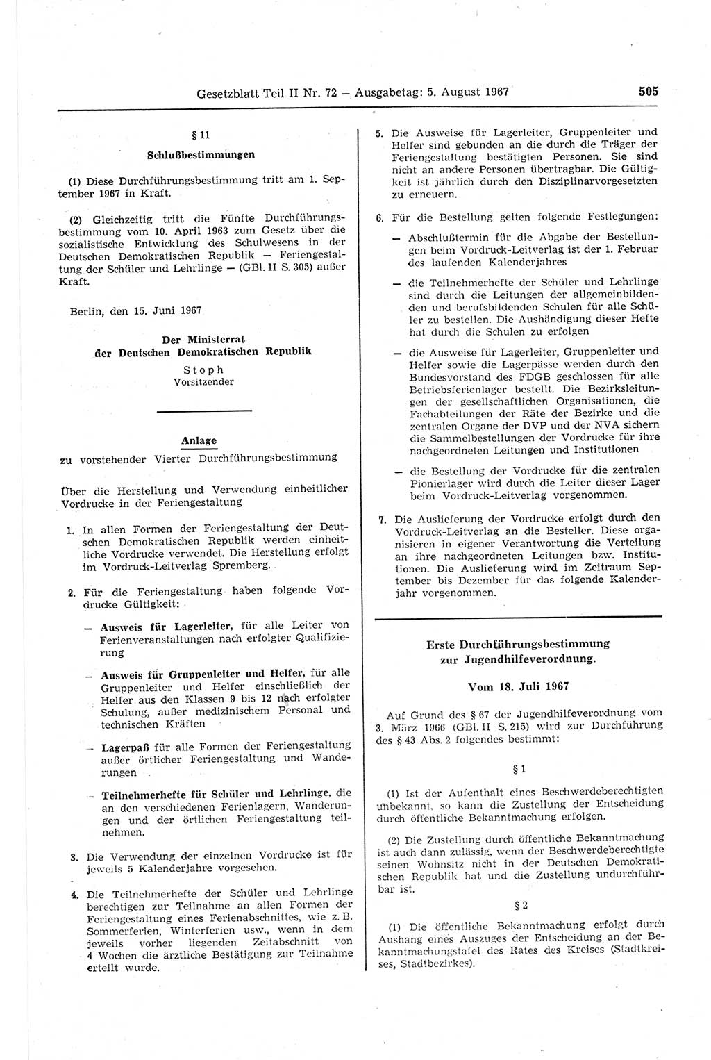 Gesetzblatt (GBl.) der Deutschen Demokratischen Republik (DDR) Teil ⅠⅠ 1967, Seite 505 (GBl. DDR ⅠⅠ 1967, S. 505)