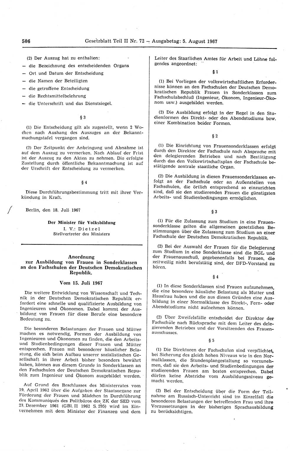 Gesetzblatt (GBl.) der Deutschen Demokratischen Republik (DDR) Teil ⅠⅠ 1967, Seite 506 (GBl. DDR ⅠⅠ 1967, S. 506)