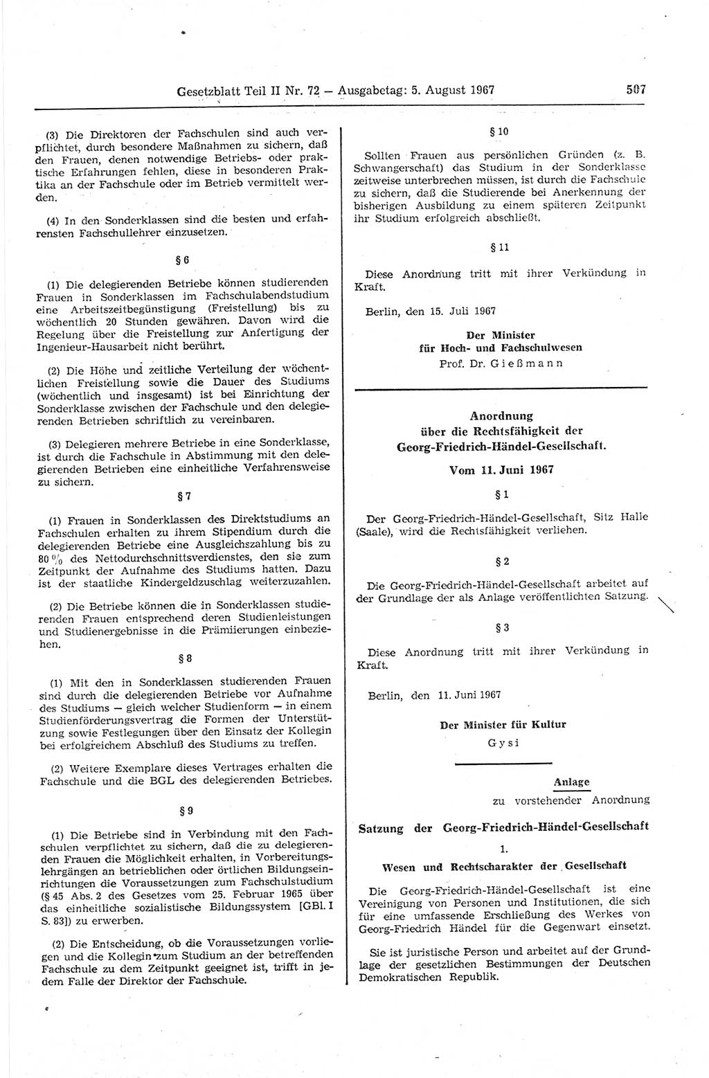 Gesetzblatt (GBl.) der Deutschen Demokratischen Republik (DDR) Teil ⅠⅠ 1967, Seite 507 (GBl. DDR ⅠⅠ 1967, S. 507)