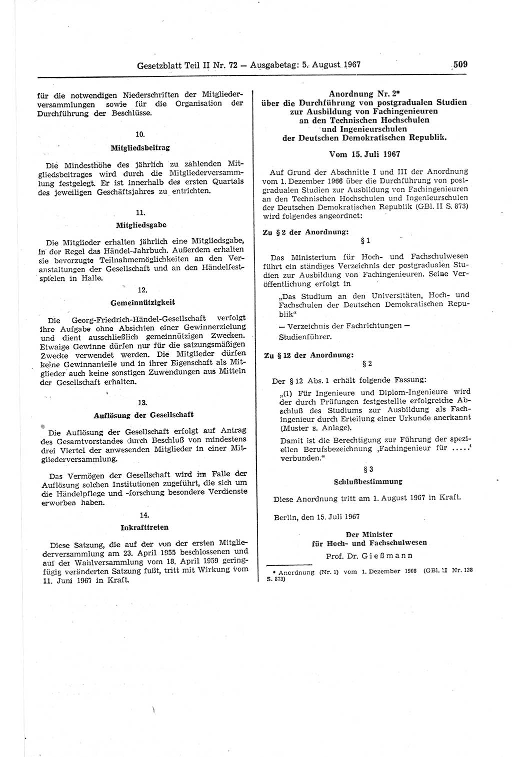 Gesetzblatt (GBl.) der Deutschen Demokratischen Republik (DDR) Teil ⅠⅠ 1967, Seite 509 (GBl. DDR ⅠⅠ 1967, S. 509)