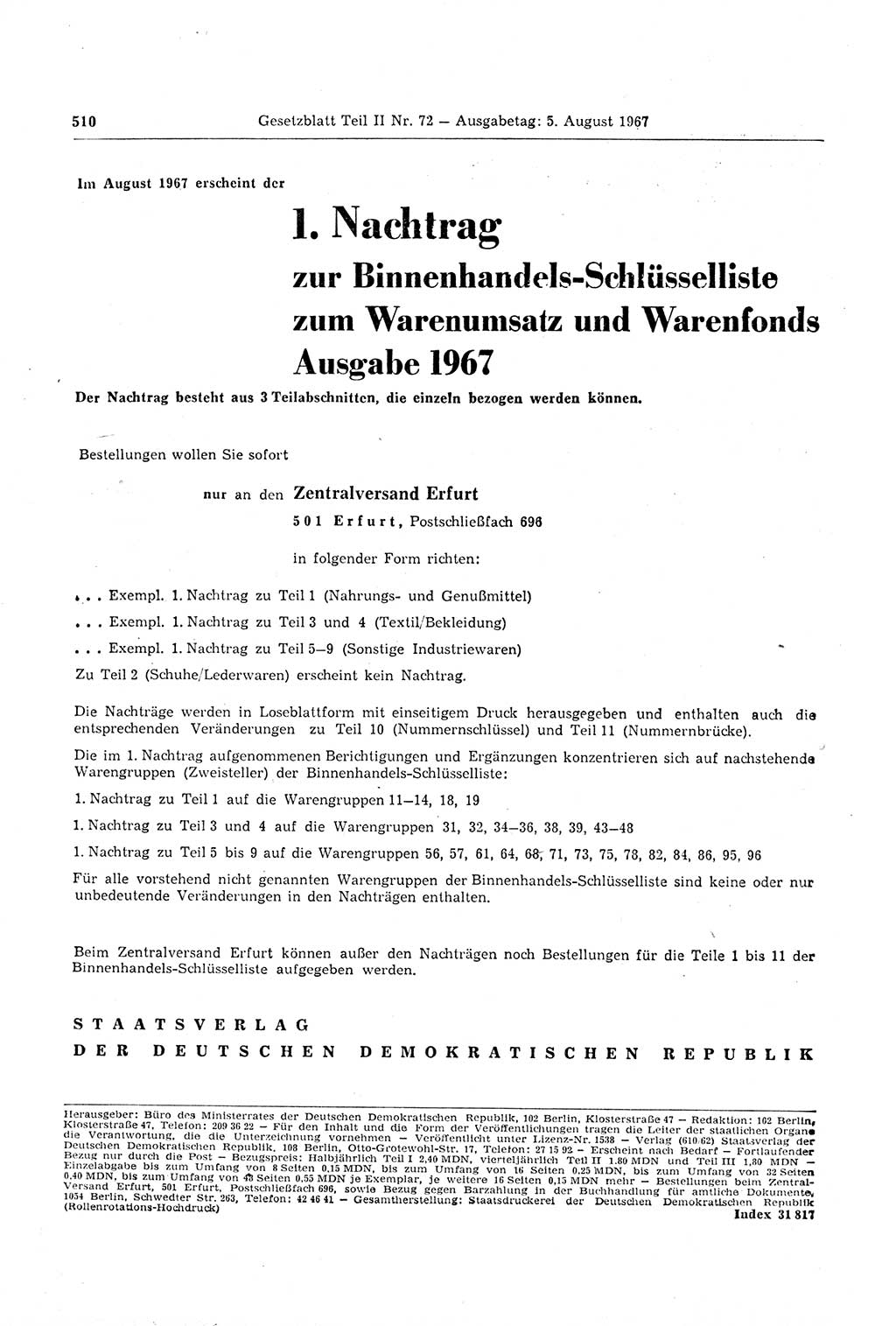 Gesetzblatt (GBl.) der Deutschen Demokratischen Republik (DDR) Teil ⅠⅠ 1967, Seite 510 (GBl. DDR ⅠⅠ 1967, S. 510)